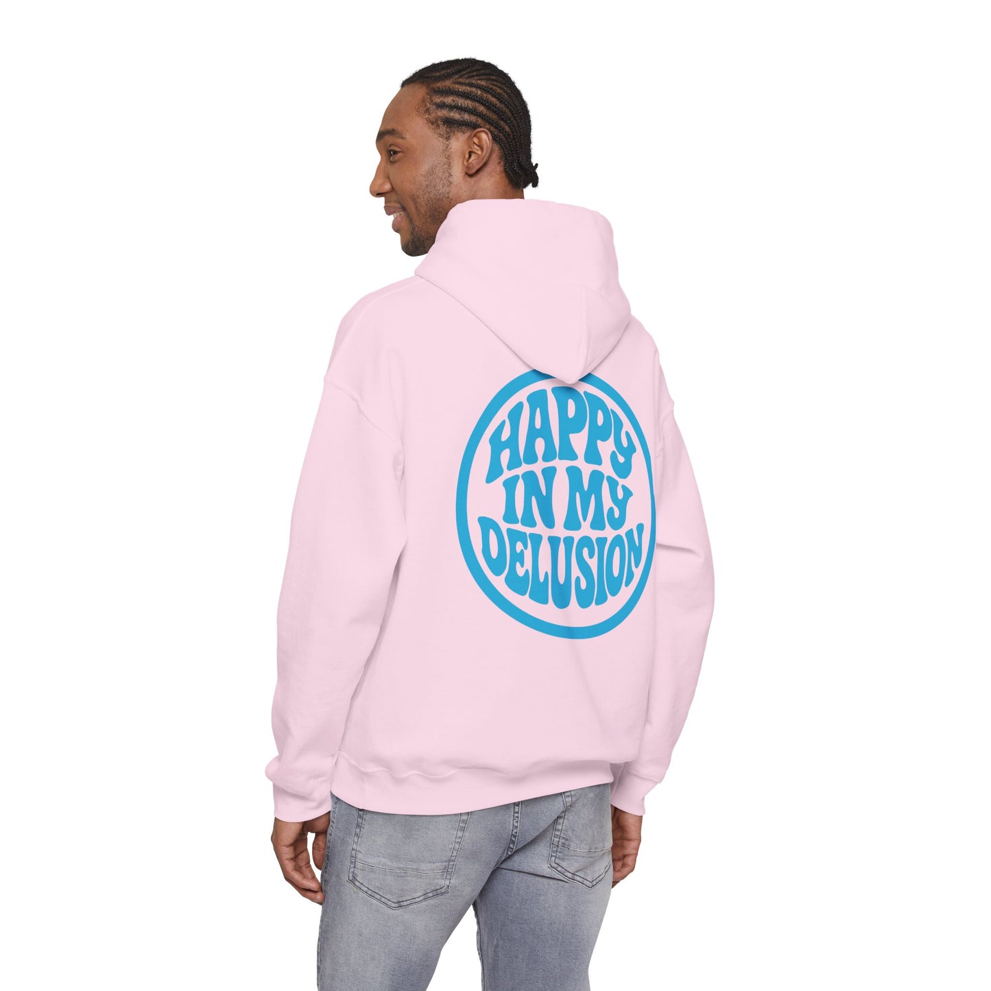 Happy In My Delusion Hoodie — Retro Blue Graphic Pullover