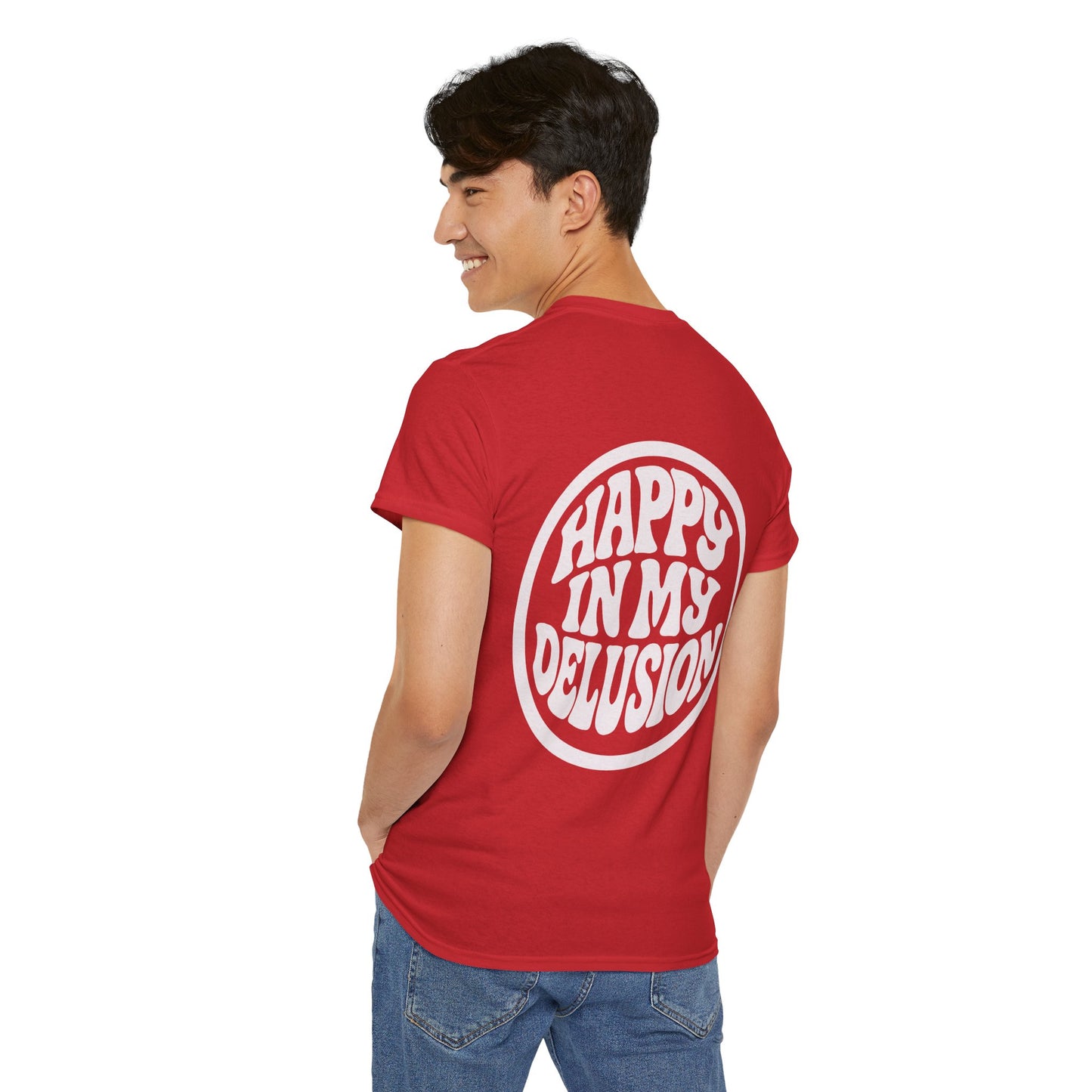 Happy In My Delusion Graphic Tee - Retro Circle Logo T-Shirt