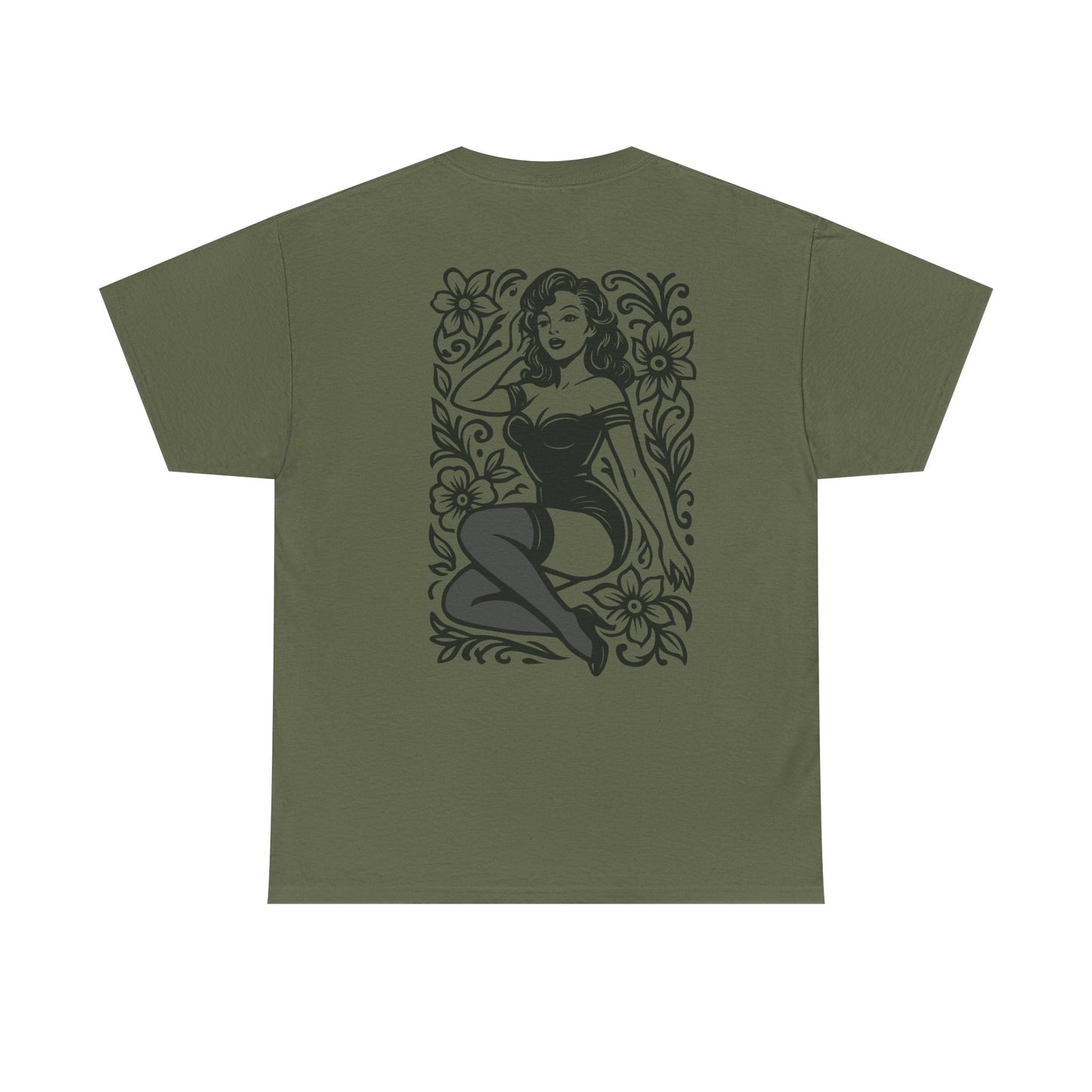 Pinup Girl Floral Graphic Tee — Retro Tattoo Style Cotton T-Shirt
