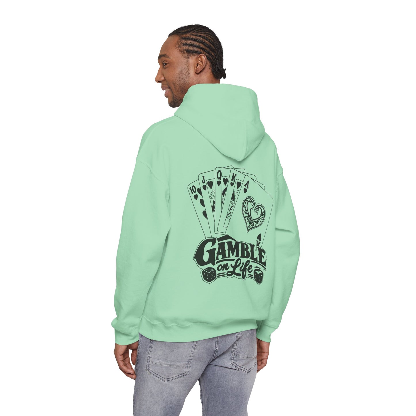 Gamble on Life Hoodie — Poker Cards & Dice Graphic Hooded Sweatshirt