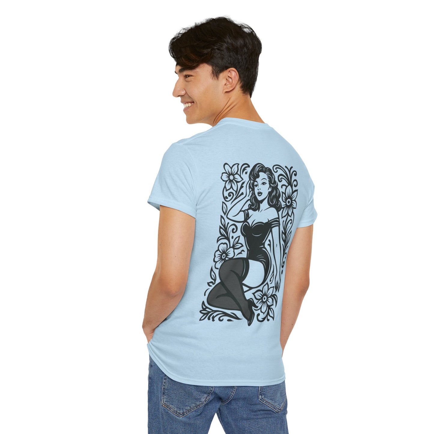 Pinup Girl Floral Graphic Tee — Retro Tattoo Style Cotton T-Shirt