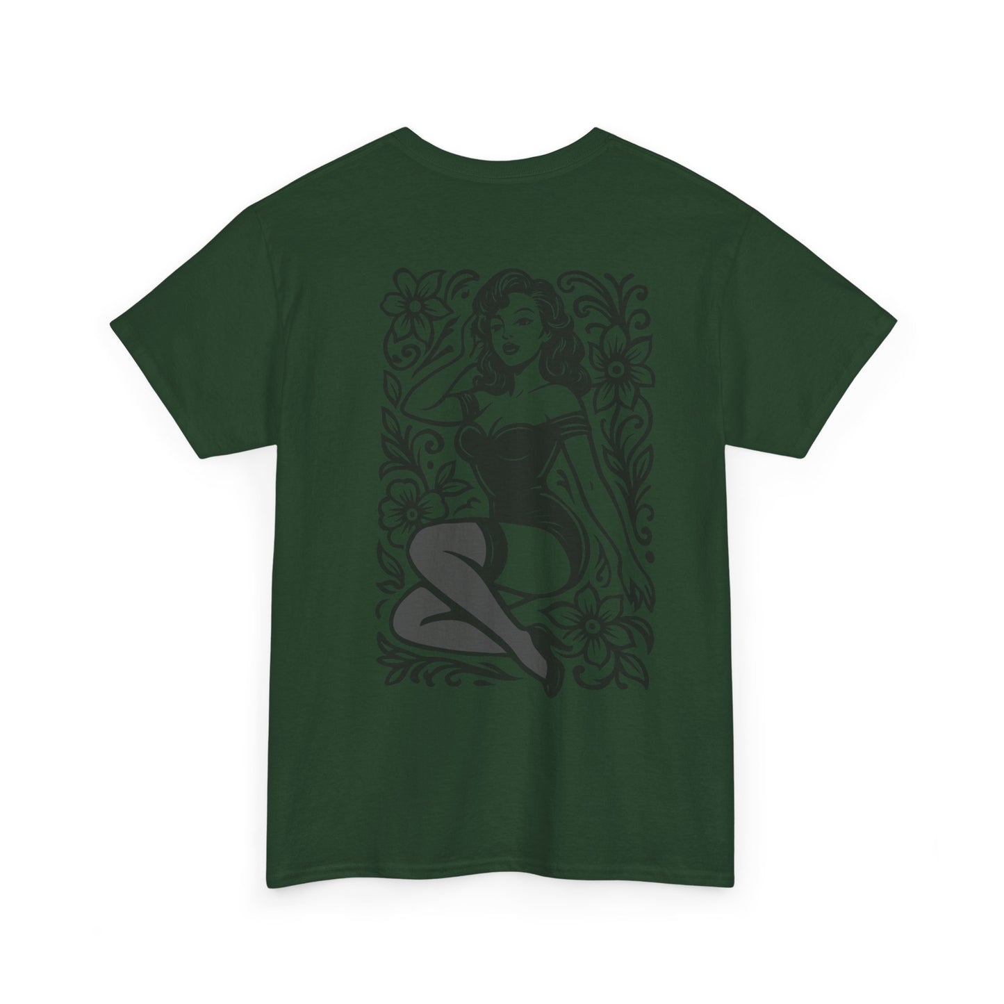 Pinup Girl Floral Graphic Tee — Retro Tattoo Style Cotton T-Shirt
