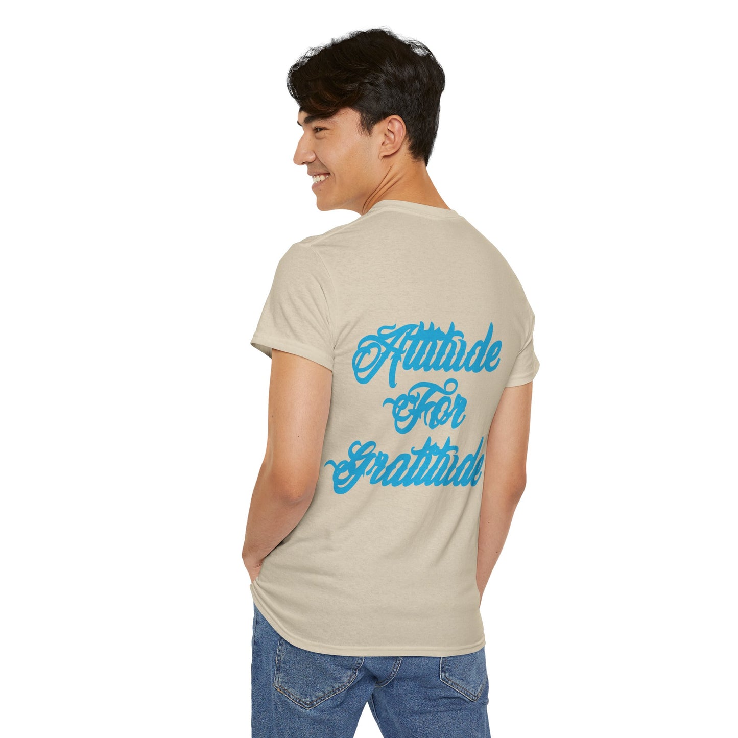 Attitude for Gratitude Tee — Inspirational Script Backprint Cotton T‑Shirt
