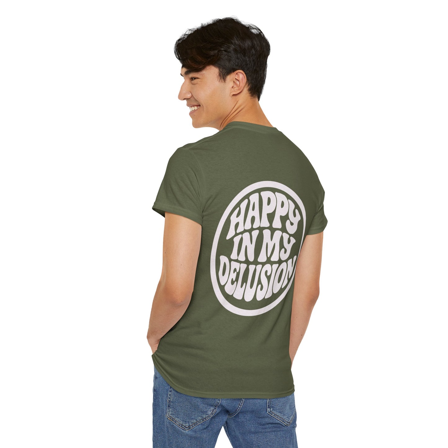 Happy In My Delusion Graphic Tee - Retro Circle Logo T-Shirt