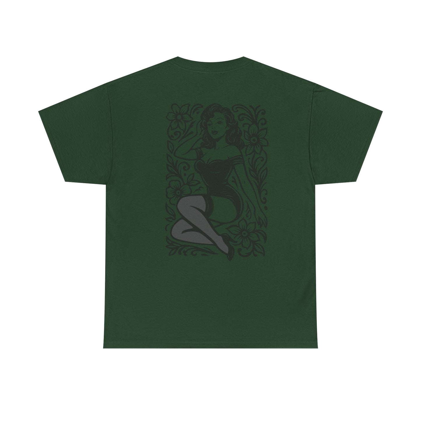 Pinup Girl Floral Graphic Tee — Retro Tattoo Style Cotton T-Shirt