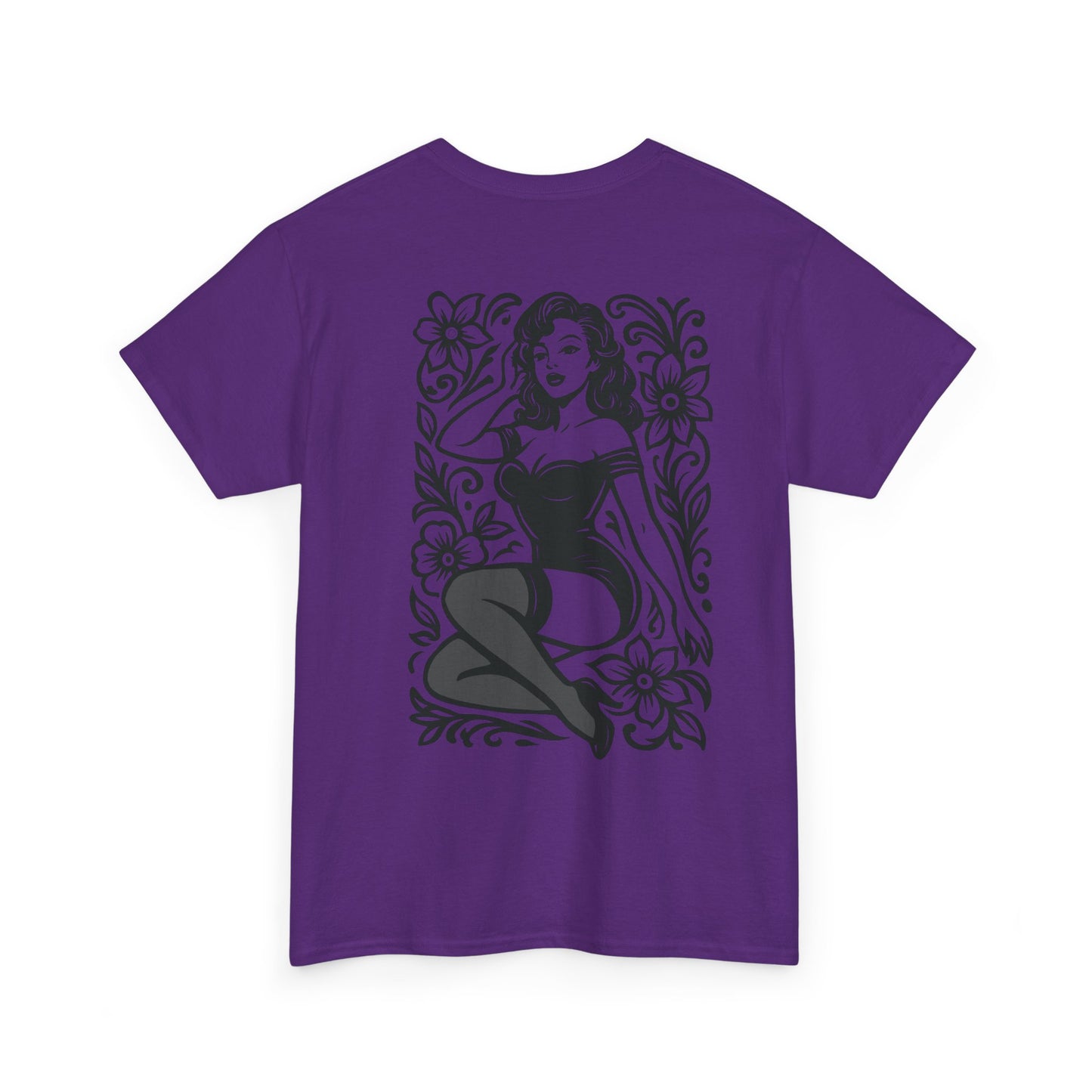 Pinup Girl Floral Graphic Tee — Retro Tattoo Style Cotton T-Shirt