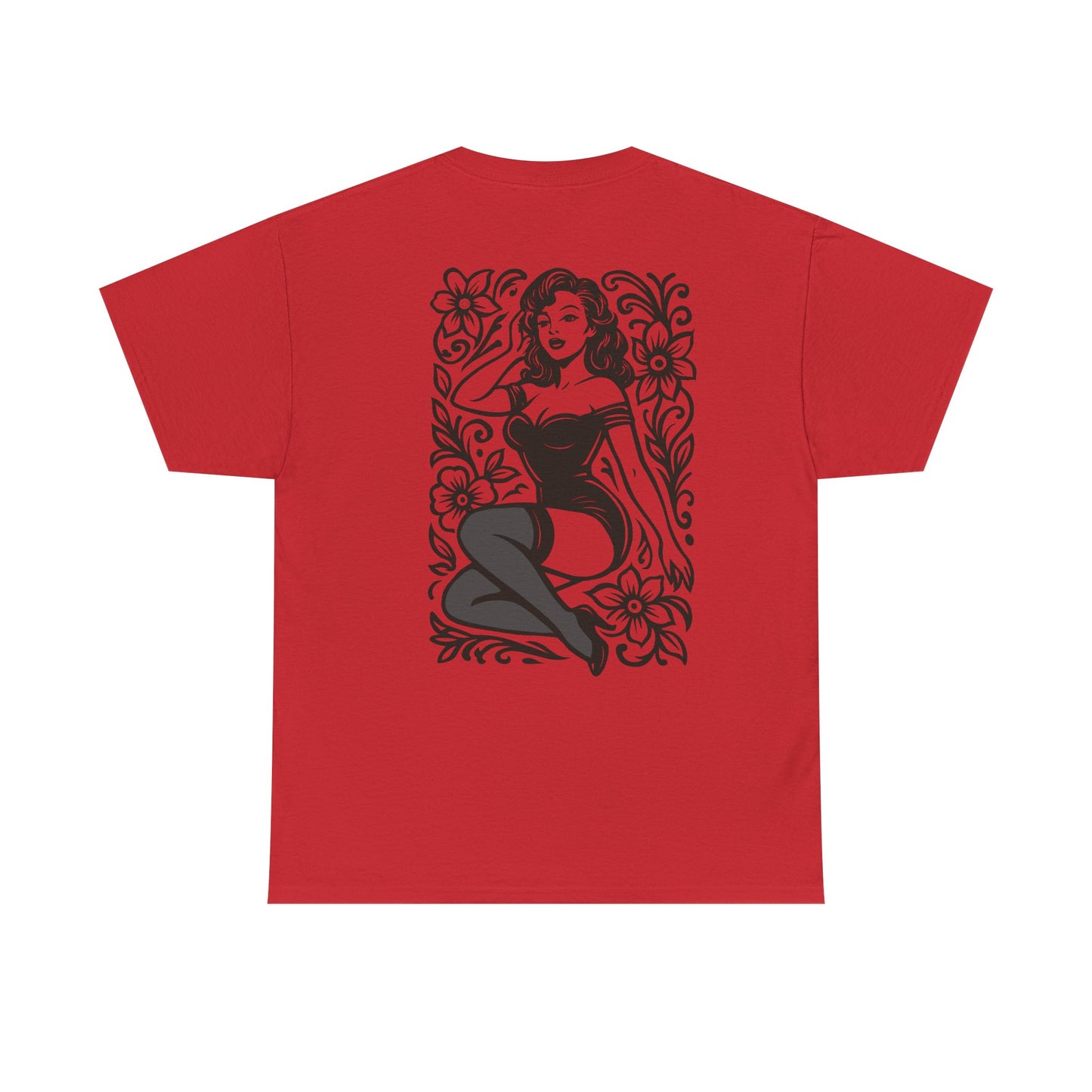 Pinup Girl Floral Graphic Tee — Retro Tattoo Style Cotton T-Shirt