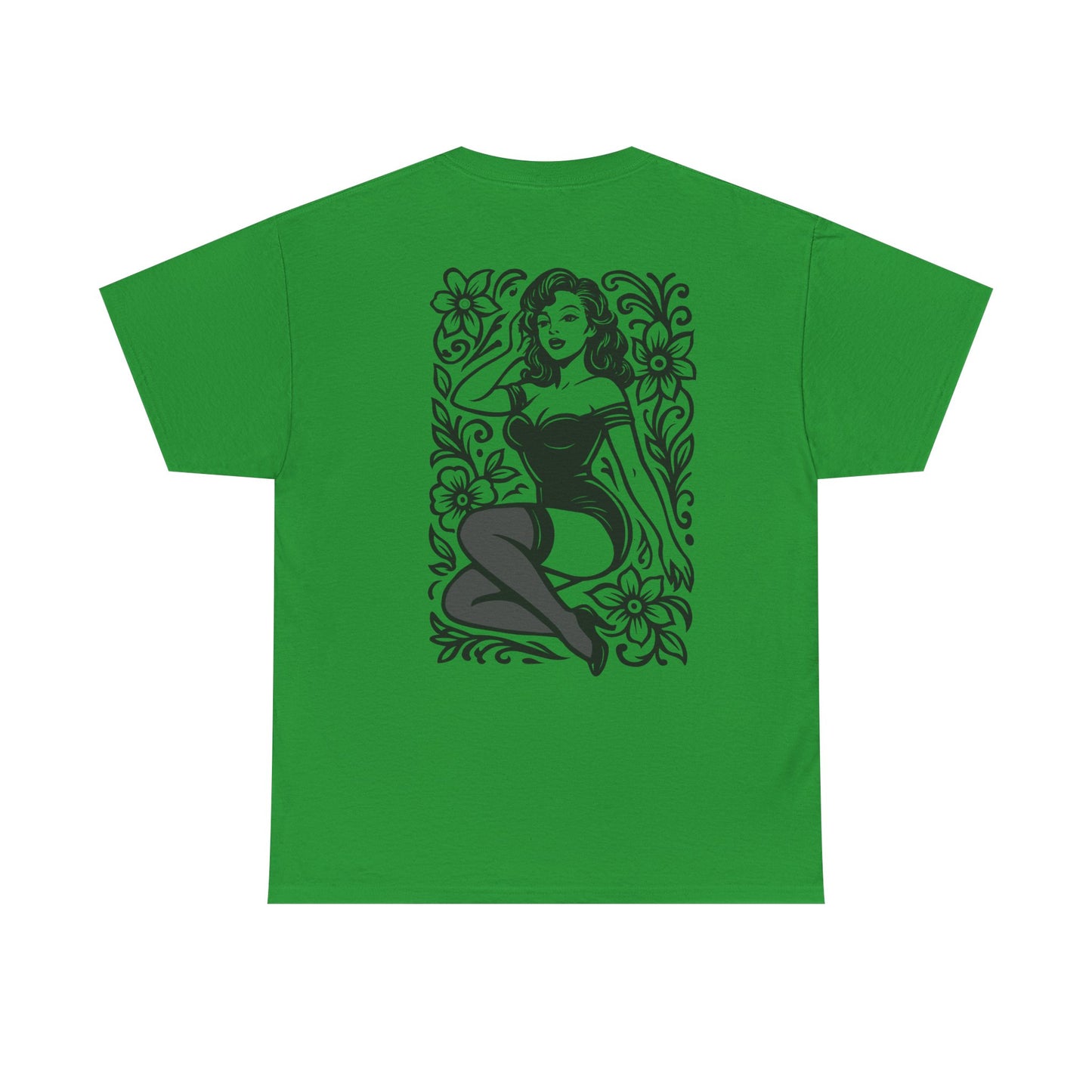Pinup Girl Floral Graphic Tee — Retro Tattoo Style Cotton T-Shirt
