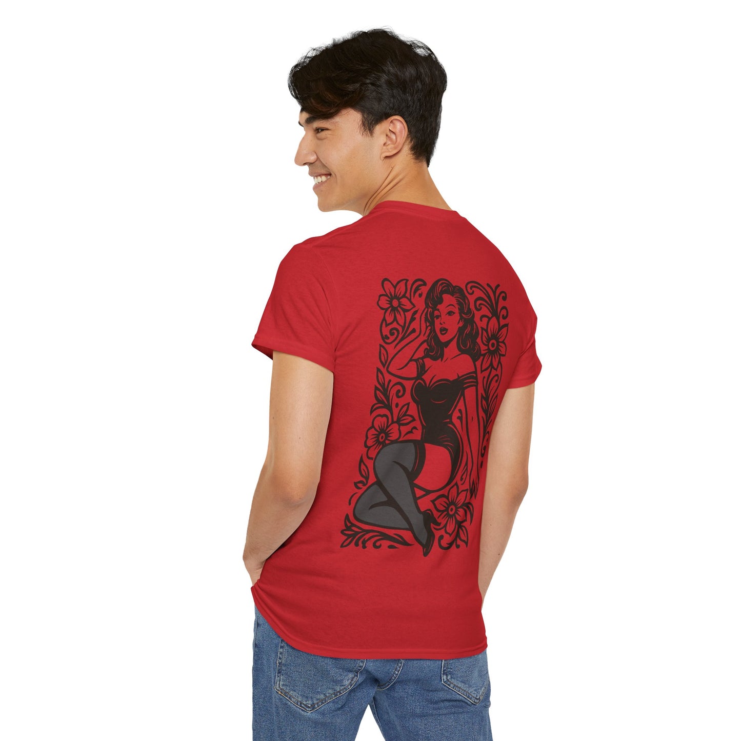 Pinup Girl Floral Graphic Tee — Retro Tattoo Style Cotton T-Shirt