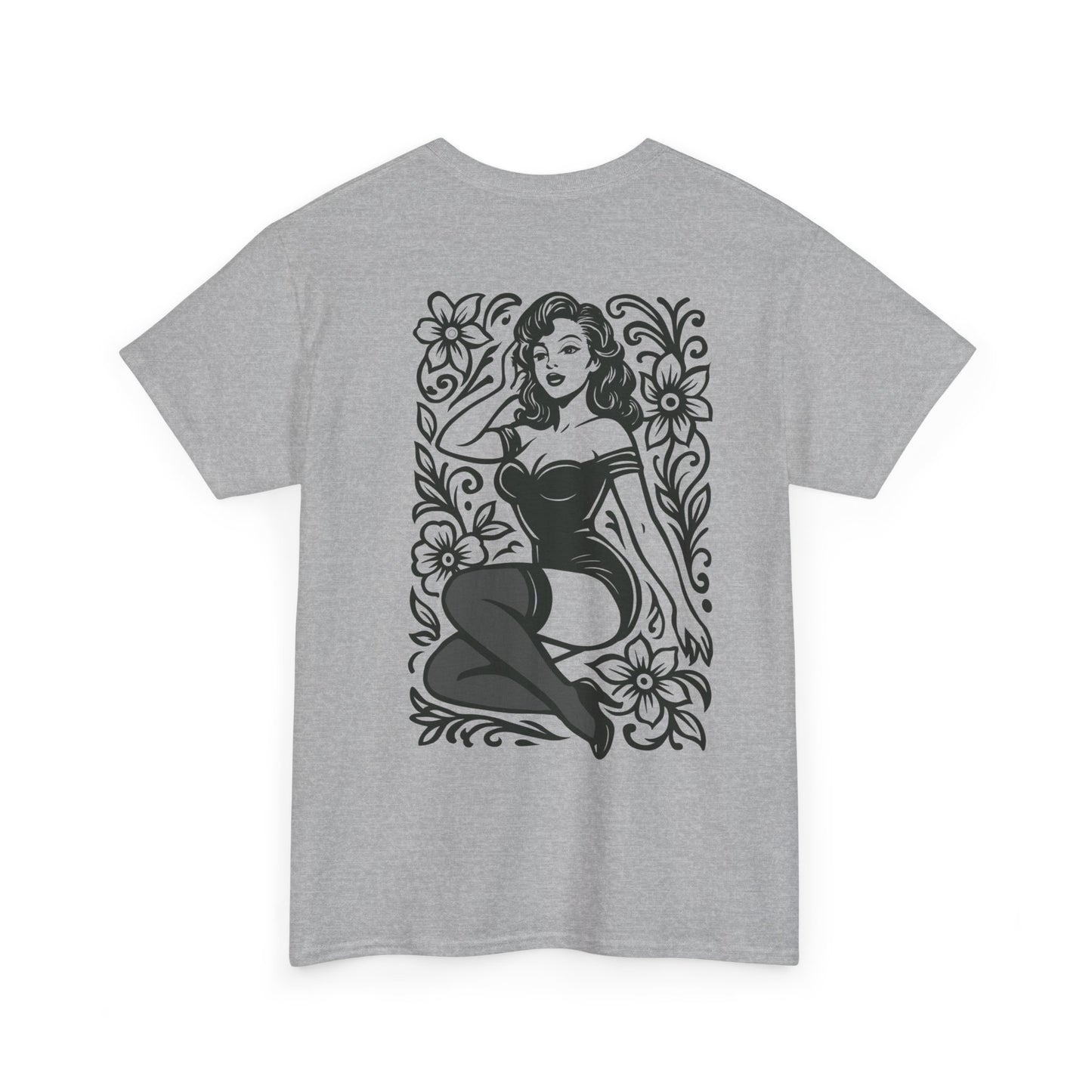 Pinup Girl Floral Graphic Tee — Retro Tattoo Style Cotton T-Shirt