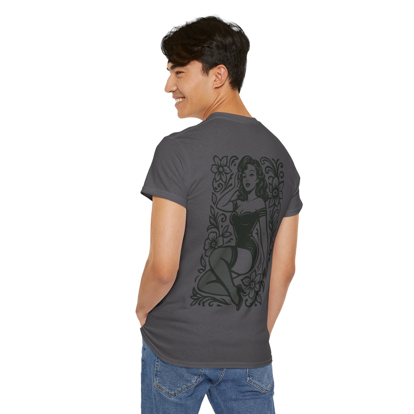 Pinup Girl Floral Graphic Tee — Retro Tattoo Style Cotton T-Shirt
