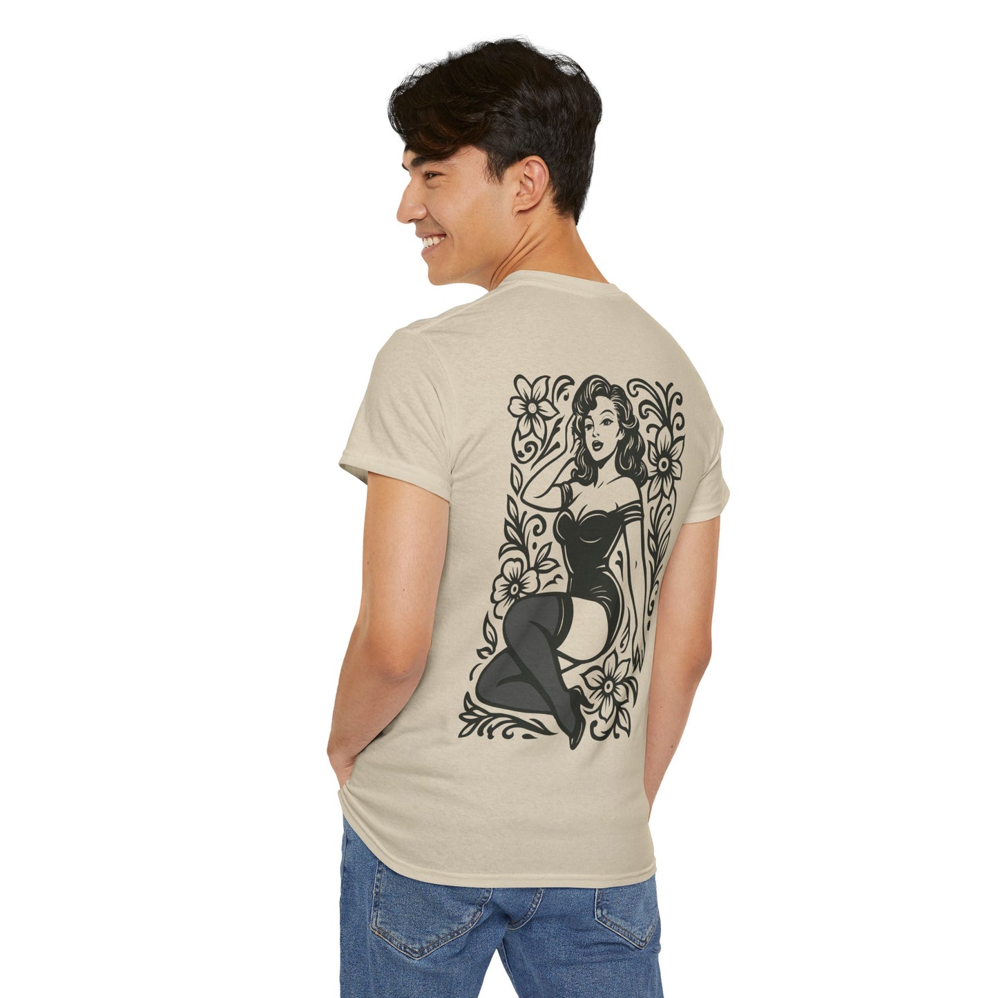 Pinup Girl Floral Graphic Tee — Retro Tattoo Style Cotton T-Shirt