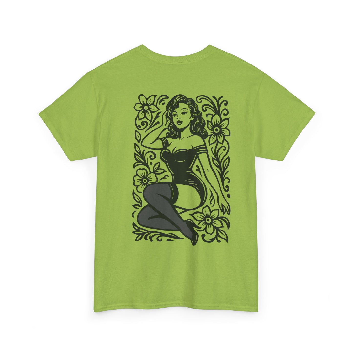 Pinup Girl Floral Graphic Tee — Retro Tattoo Style Cotton T-Shirt