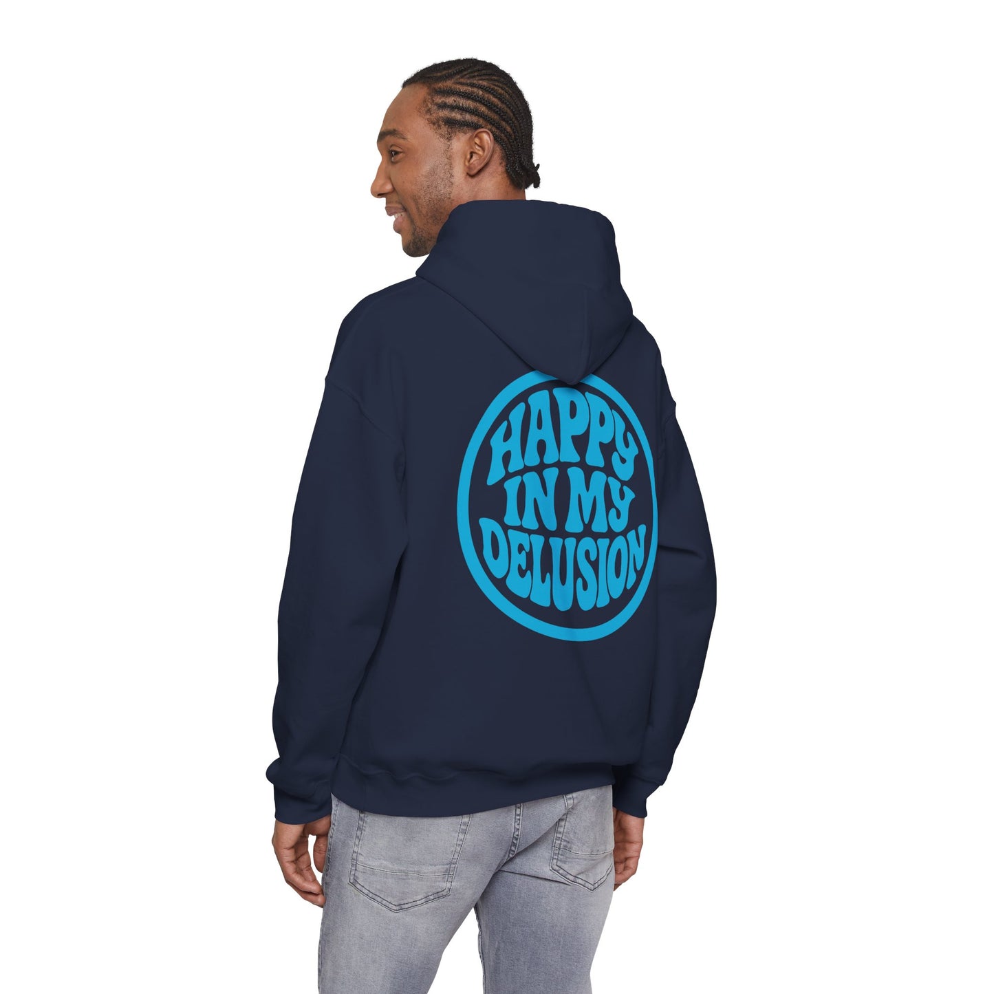 Happy In My Delusion Hoodie — Retro Blue Graphic Pullover