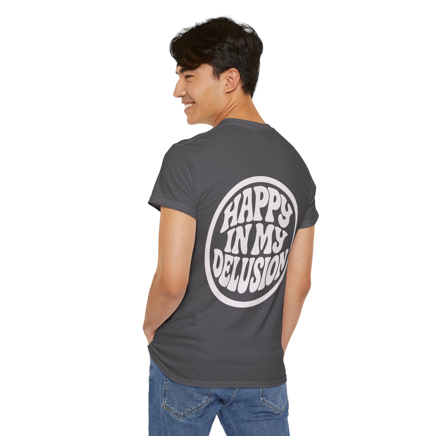 Happy In My Delusion Graphic Tee - Retro Circle Logo T-Shirt