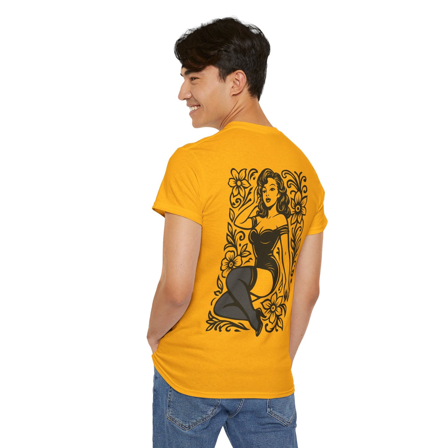 Pinup Girl Floral Graphic Tee — Retro Tattoo Style Cotton T-Shirt
