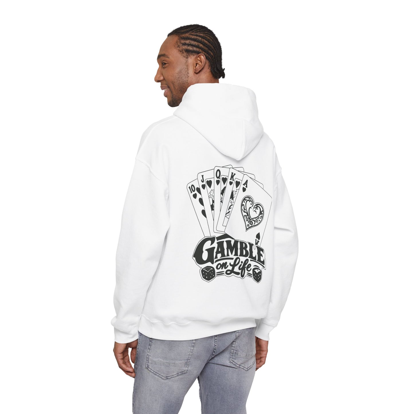 Gamble on Life Hoodie — Poker Cards & Dice Graphic Hooded Sweatshirt