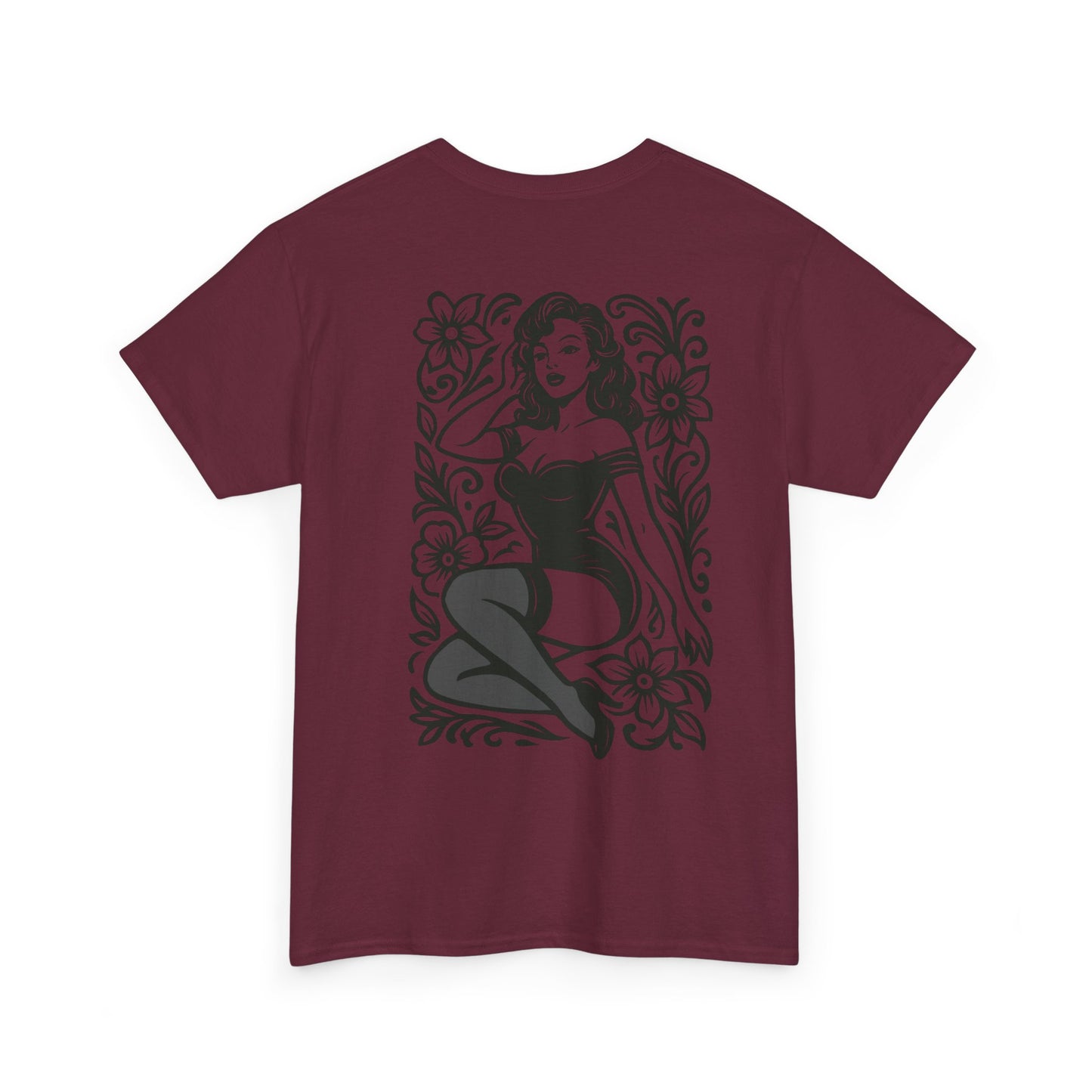 Pinup Girl Floral Graphic Tee — Retro Tattoo Style Cotton T-Shirt