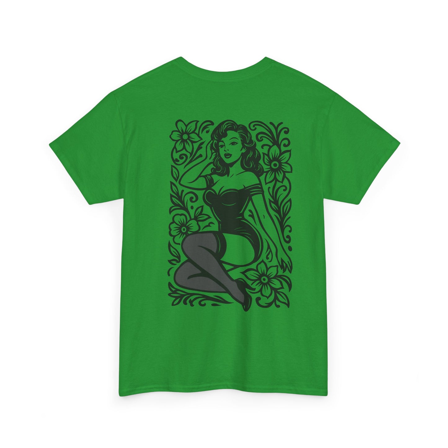 Pinup Girl Floral Graphic Tee — Retro Tattoo Style Cotton T-Shirt