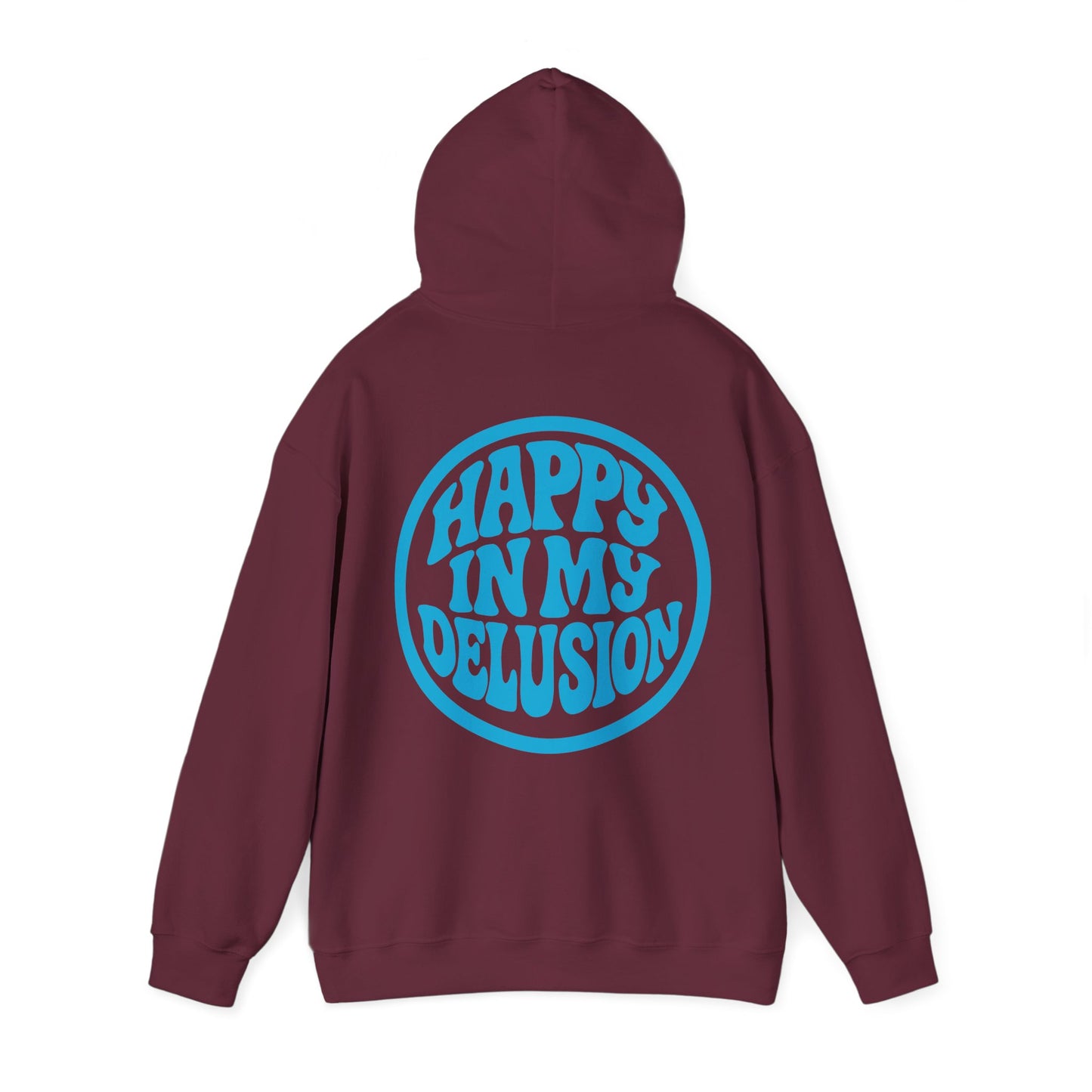 Happy In My Delusion Hoodie — Retro Blue Graphic Pullover