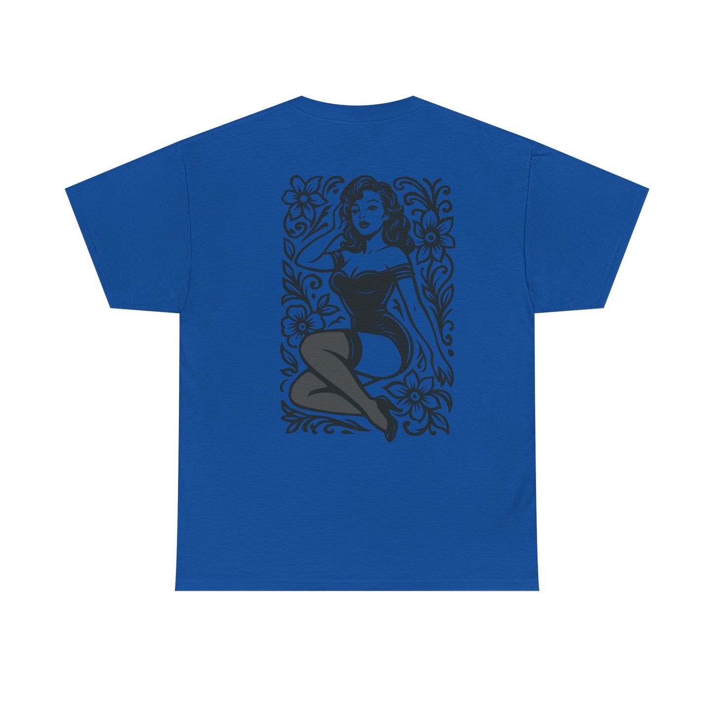 Pinup Girl Floral Graphic Tee — Retro Tattoo Style Cotton T-Shirt