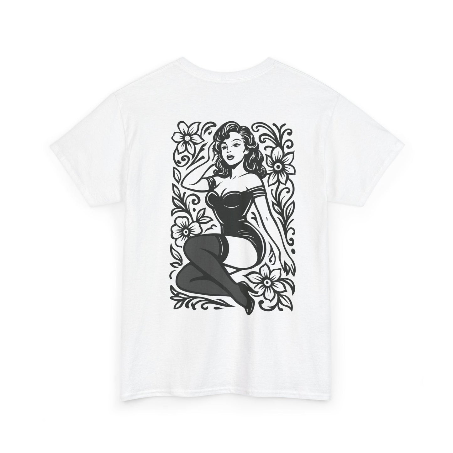 Pinup Girl Floral Graphic Tee — Retro Tattoo Style Cotton T-Shirt