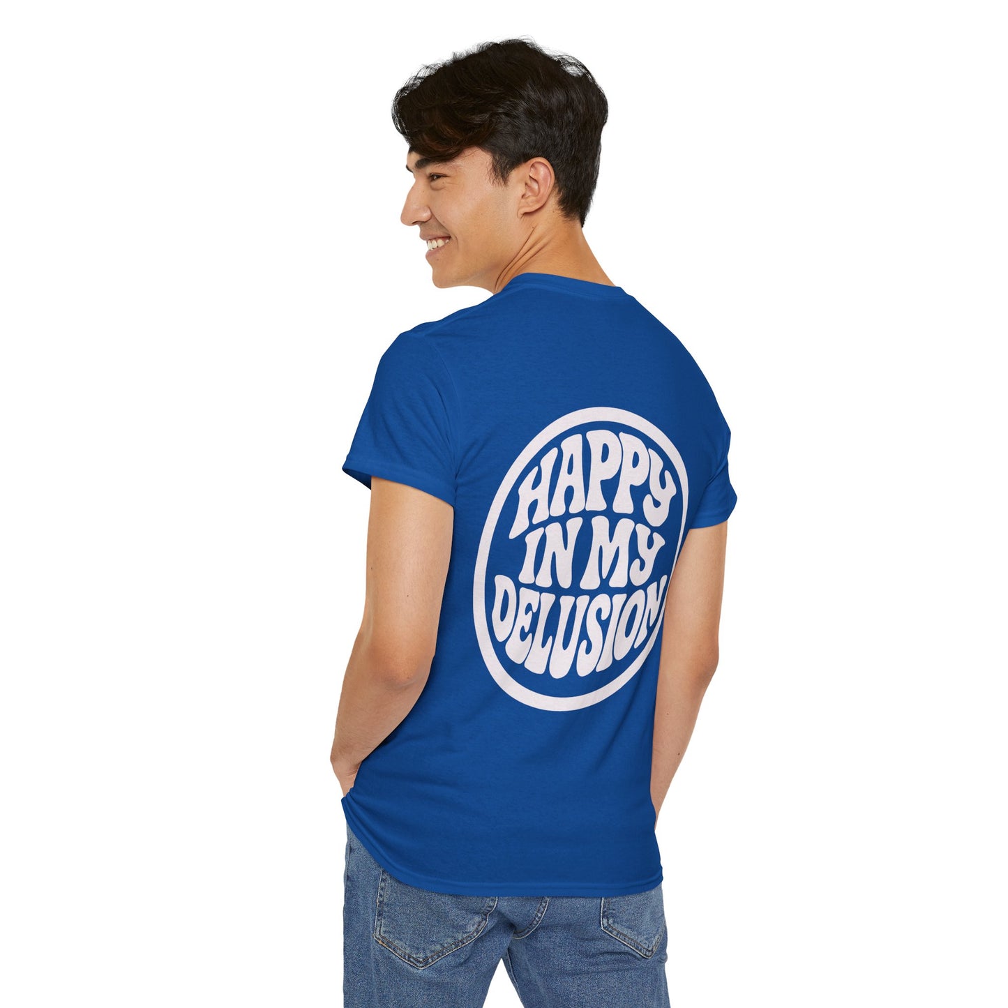 Happy In My Delusion Graphic Tee - Retro Circle Logo T-Shirt