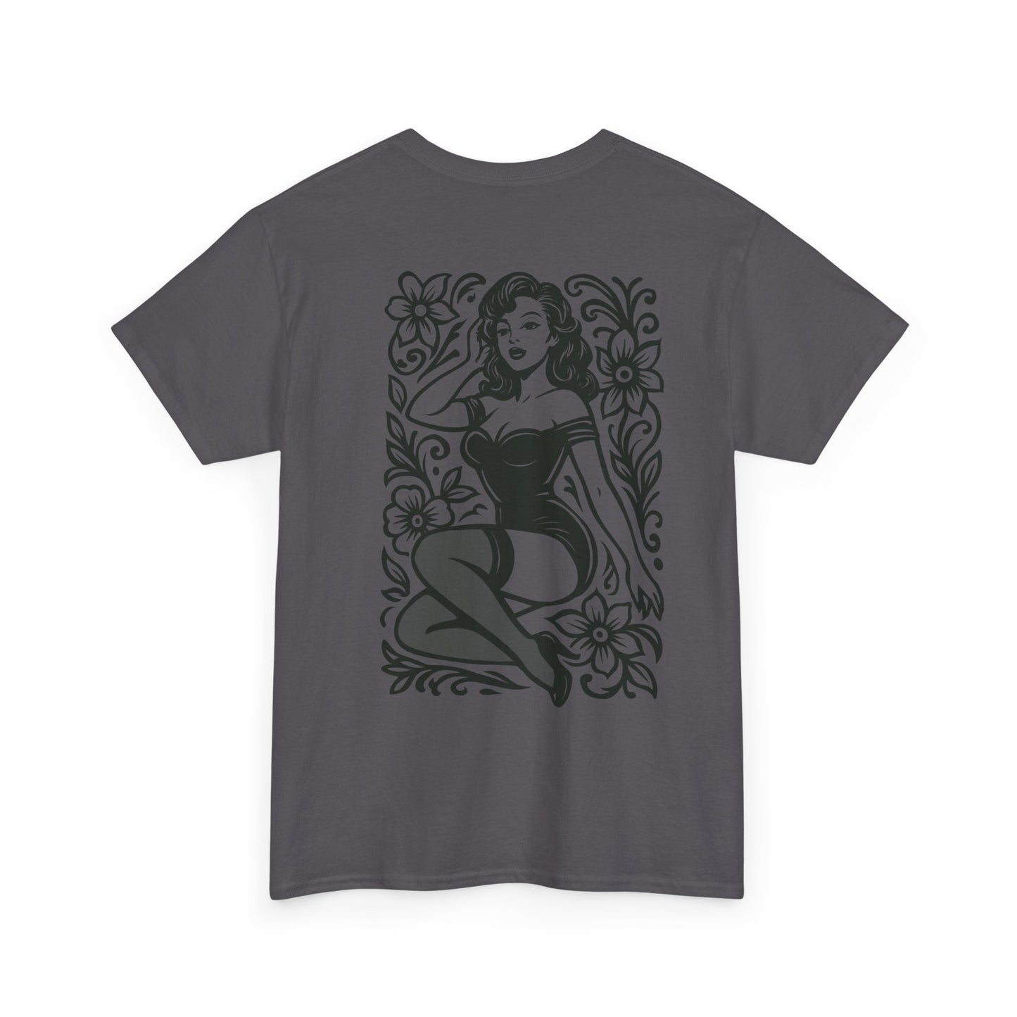 Pinup Girl Floral Graphic Tee — Retro Tattoo Style Cotton T-Shirt