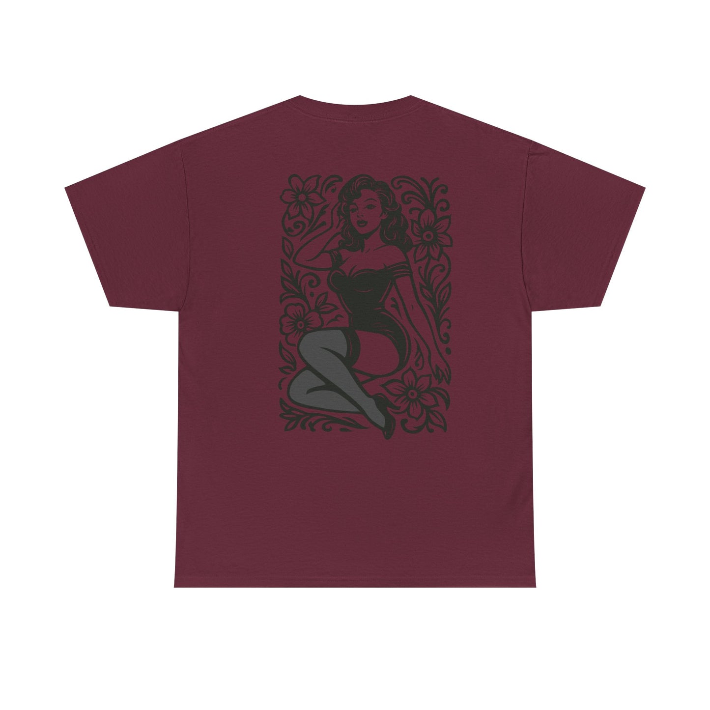 Pinup Girl Floral Graphic Tee — Retro Tattoo Style Cotton T-Shirt