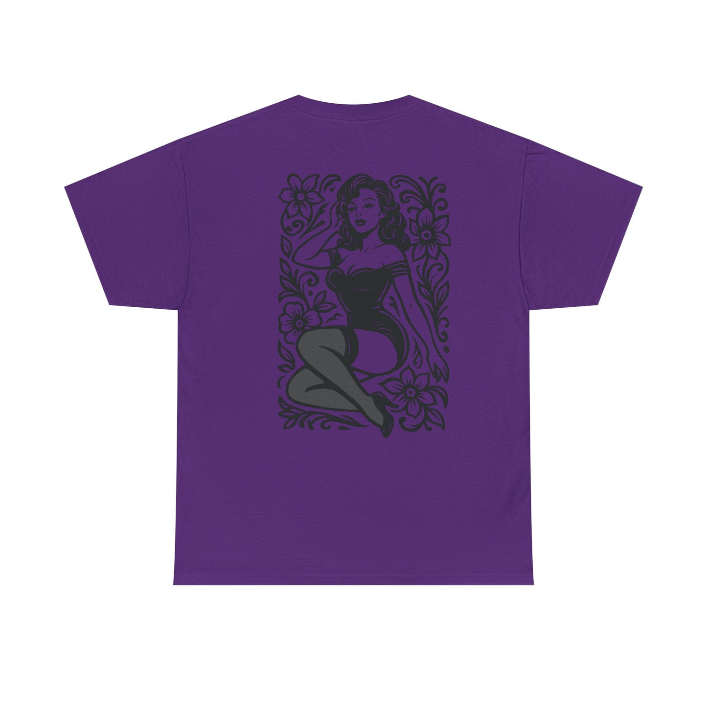 Pinup Girl Floral Graphic Tee — Retro Tattoo Style Cotton T-Shirt
