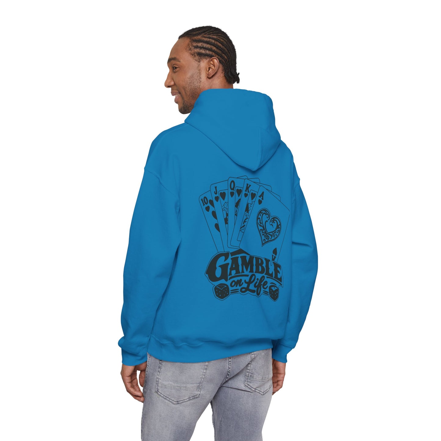 Gamble on Life Hoodie — Poker Cards & Dice Graphic Hooded Sweatshirt
