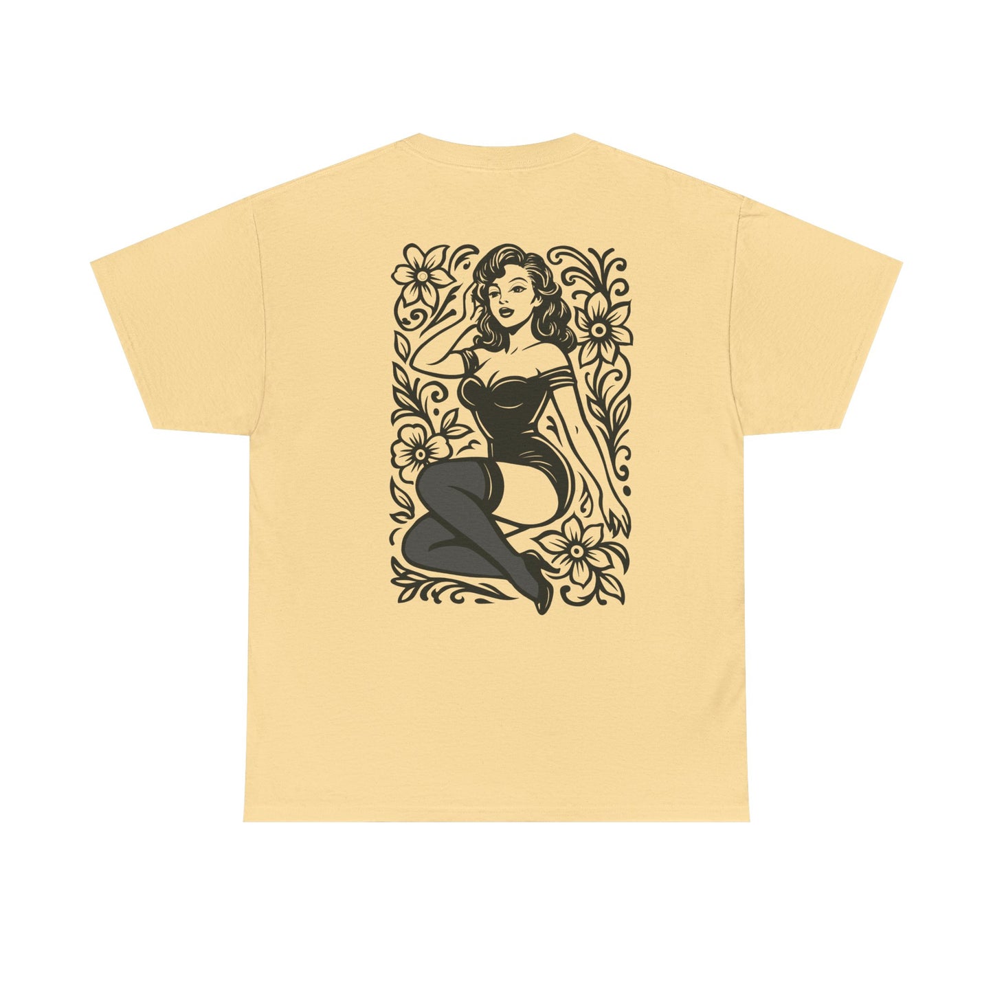 Pinup Girl Floral Graphic Tee — Retro Tattoo Style Cotton T-Shirt