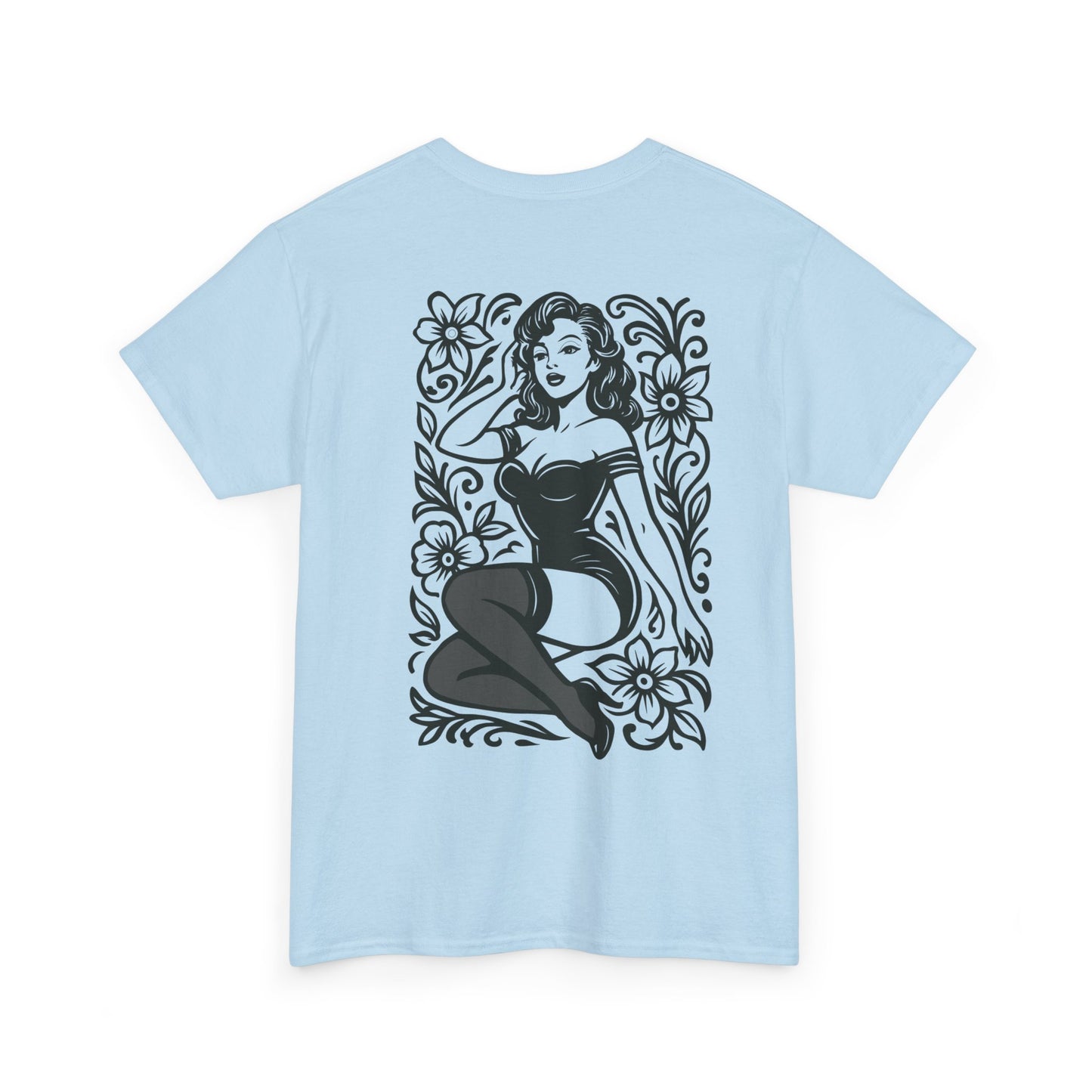 Pinup Girl Floral Graphic Tee — Retro Tattoo Style Cotton T-Shirt