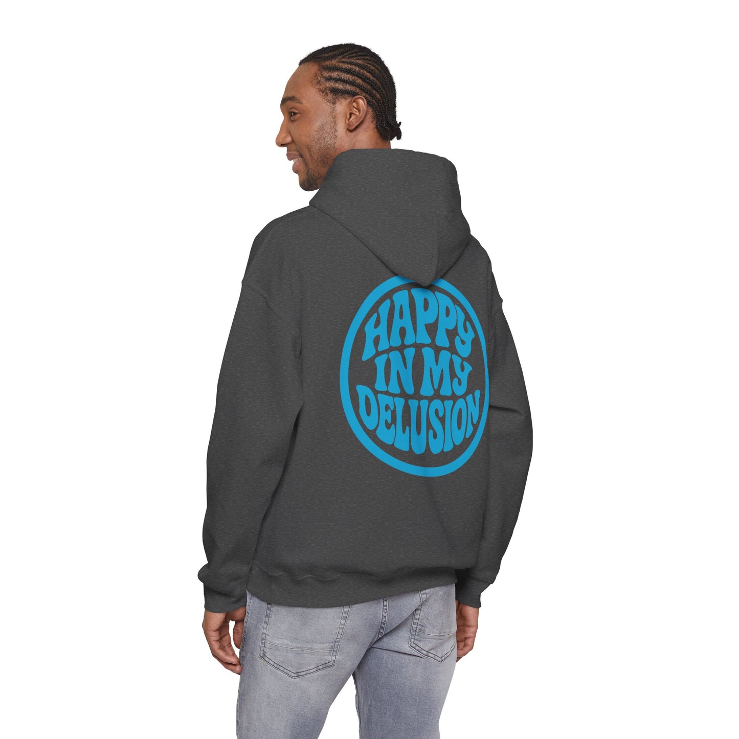 Happy In My Delusion Hoodie — Retro Blue Graphic Pullover