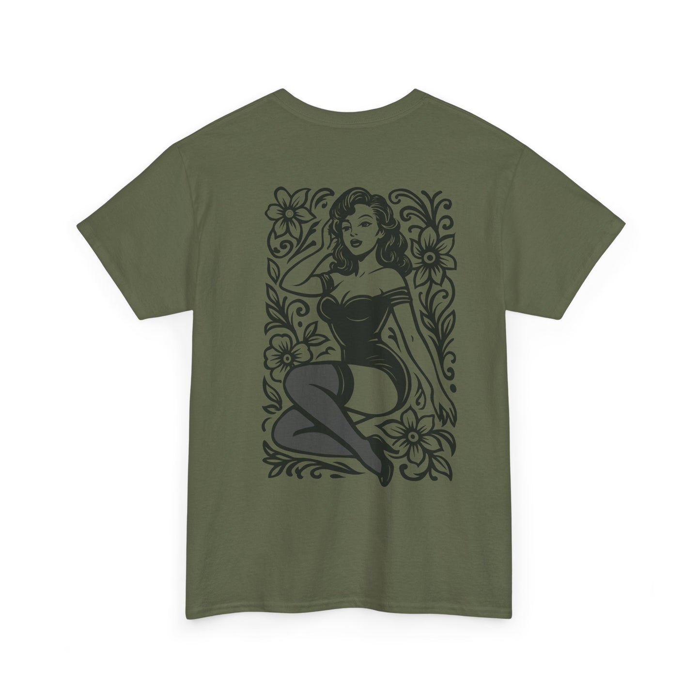 Pinup Girl Floral Graphic Tee — Retro Tattoo Style Cotton T-Shirt