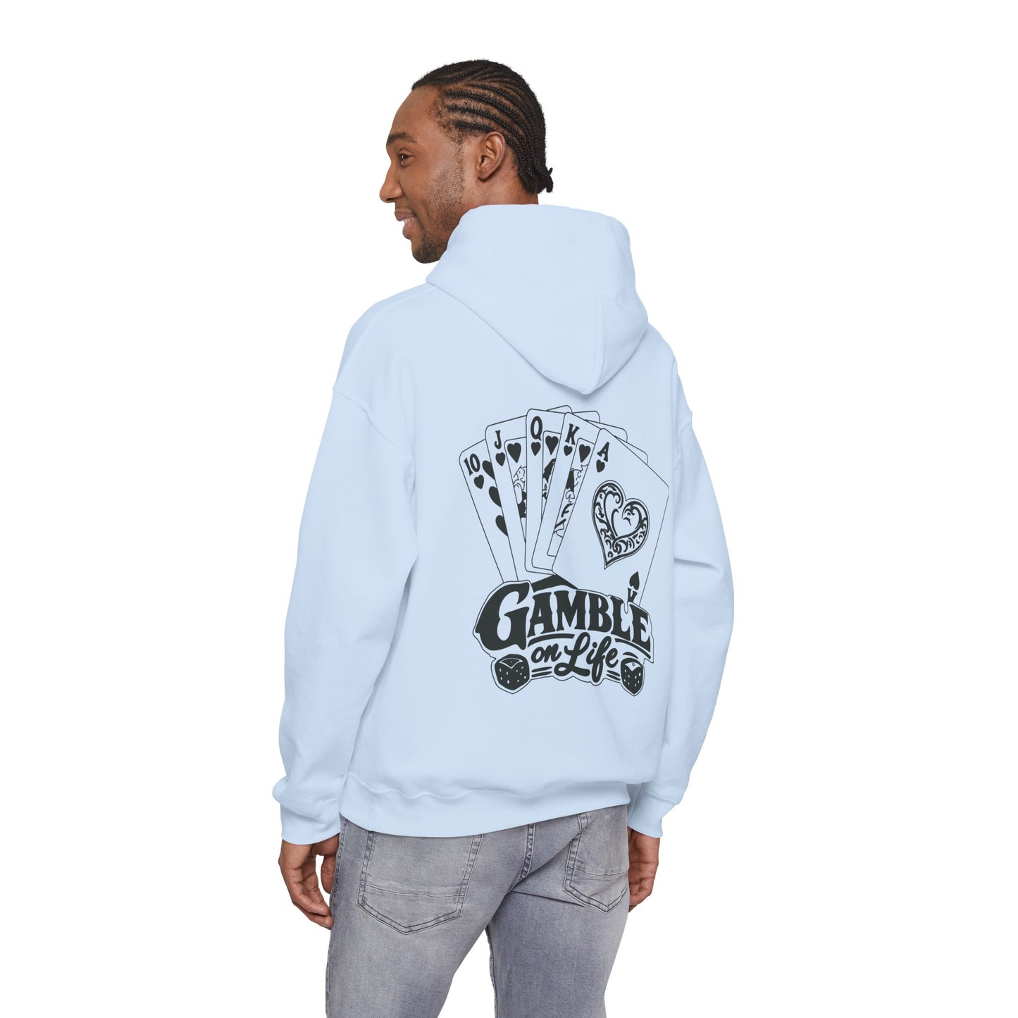 Gamble on Life Hoodie — Poker Cards & Dice Graphic Hooded Sweatshirt
