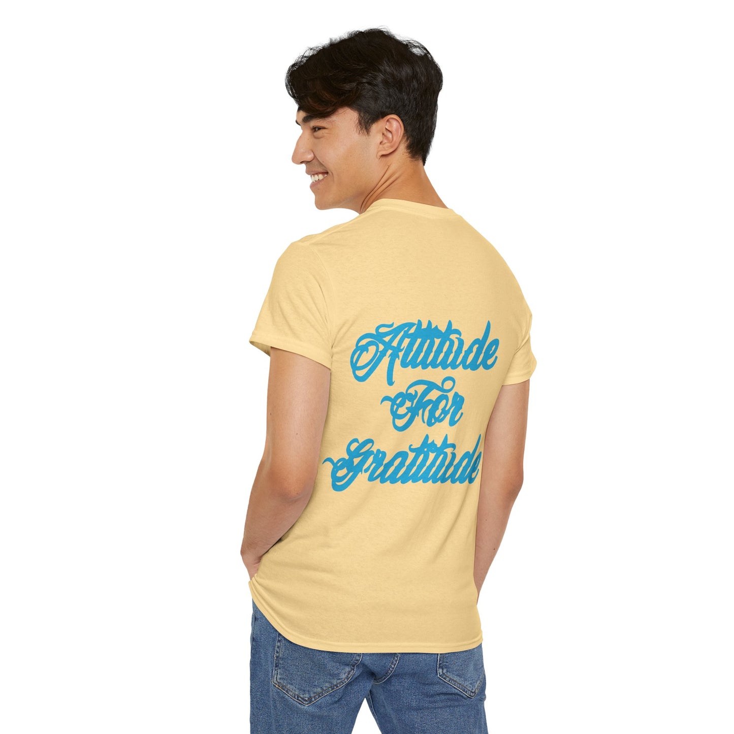 Attitude for Gratitude Tee — Inspirational Script Backprint Cotton T‑Shirt