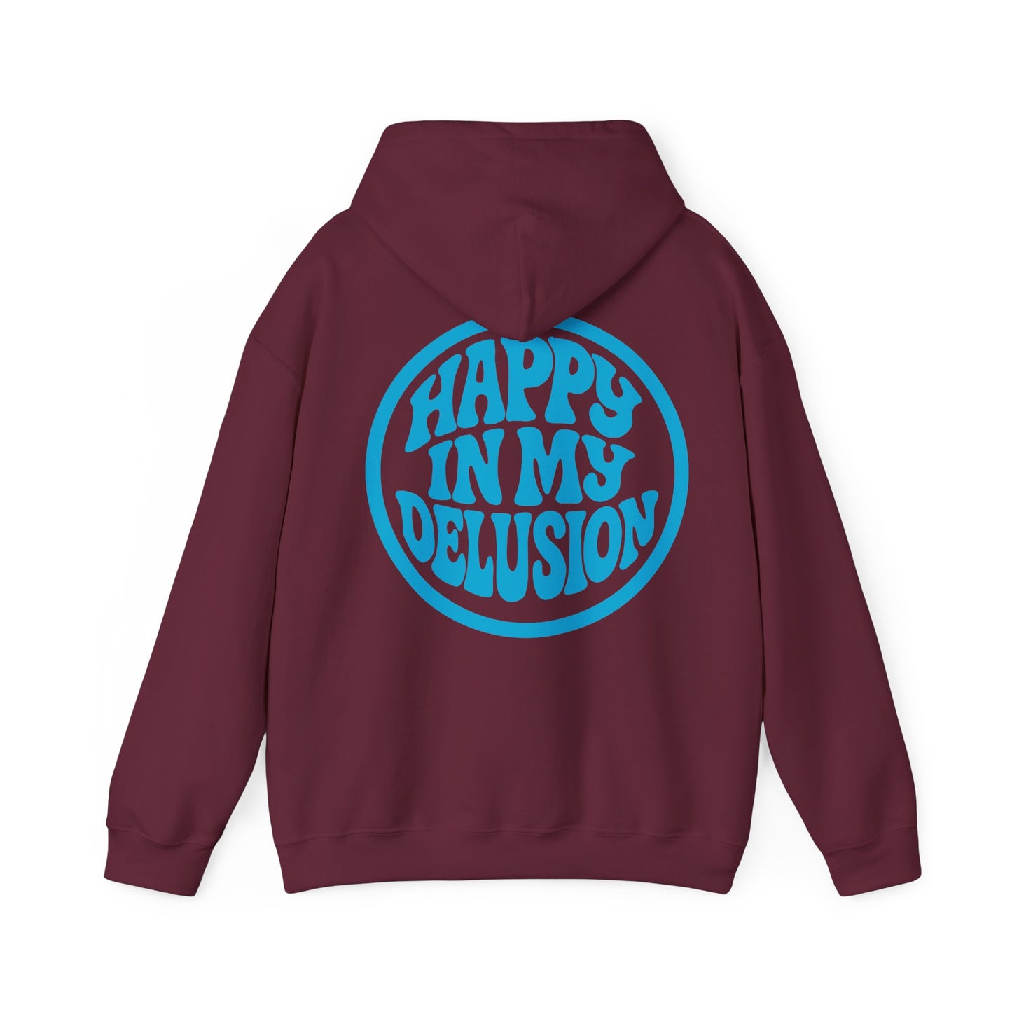 Happy In My Delusion Hoodie — Retro Blue Graphic Pullover