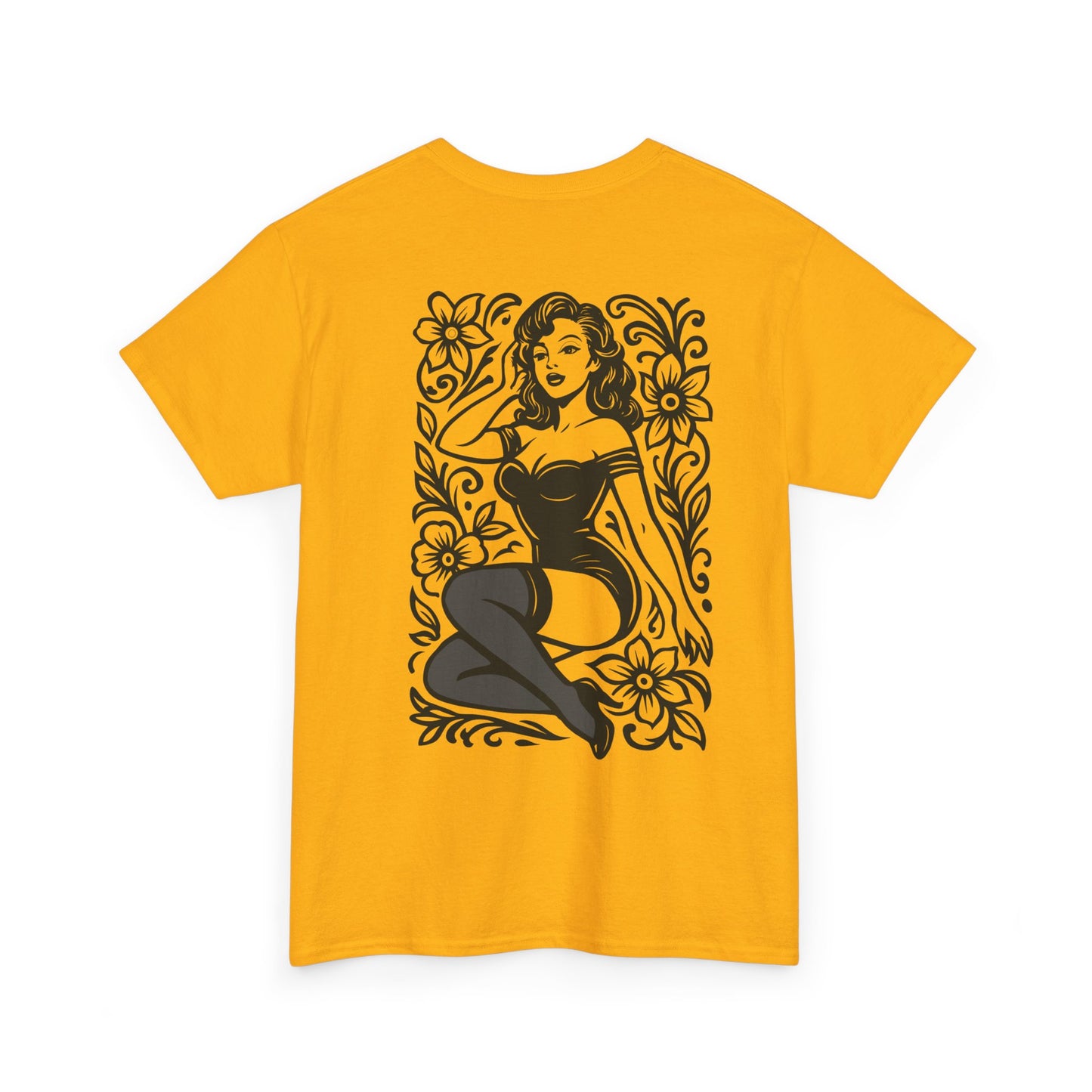 Pinup Girl Floral Graphic Tee — Retro Tattoo Style Cotton T-Shirt