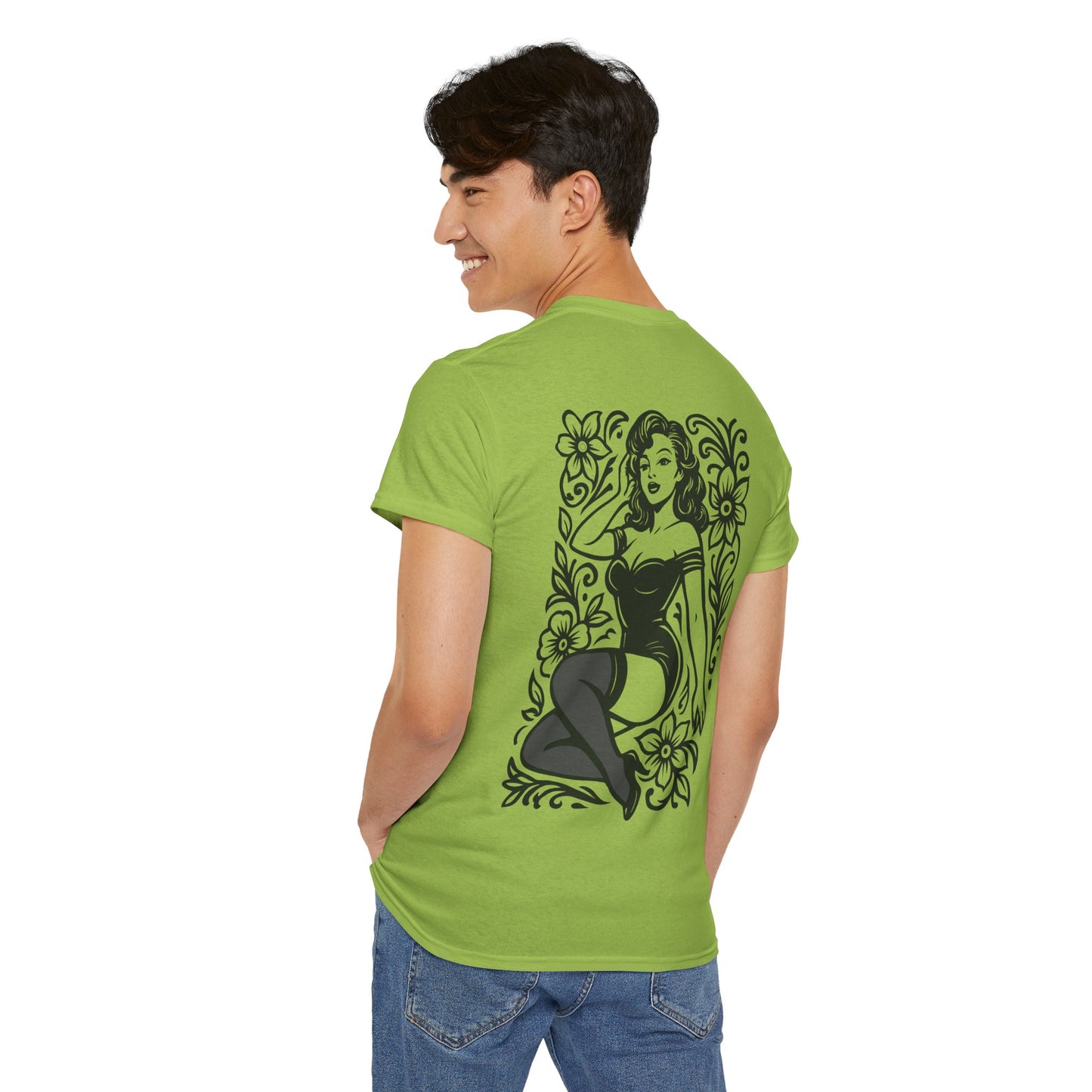 Pinup Girl Floral Graphic Tee — Retro Tattoo Style Cotton T-Shirt