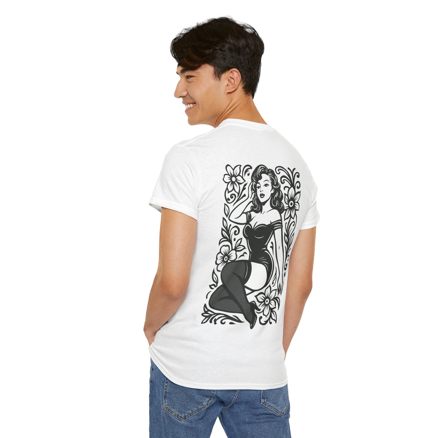 Pinup Girl Floral Graphic Tee — Retro Tattoo Style Cotton T-Shirt