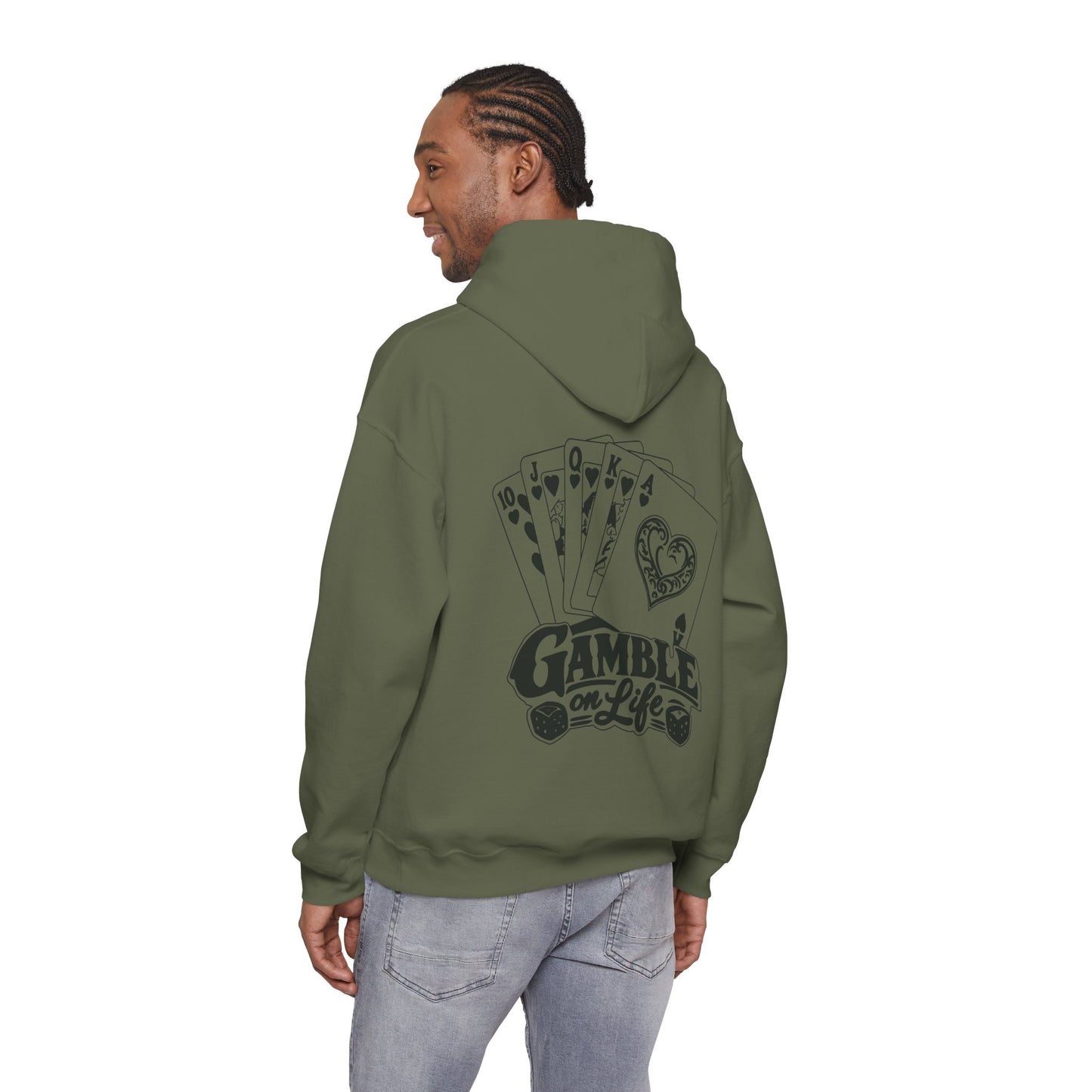 Gamble on Life Hoodie — Poker Cards & Dice Graphic Hooded Sweatshirt