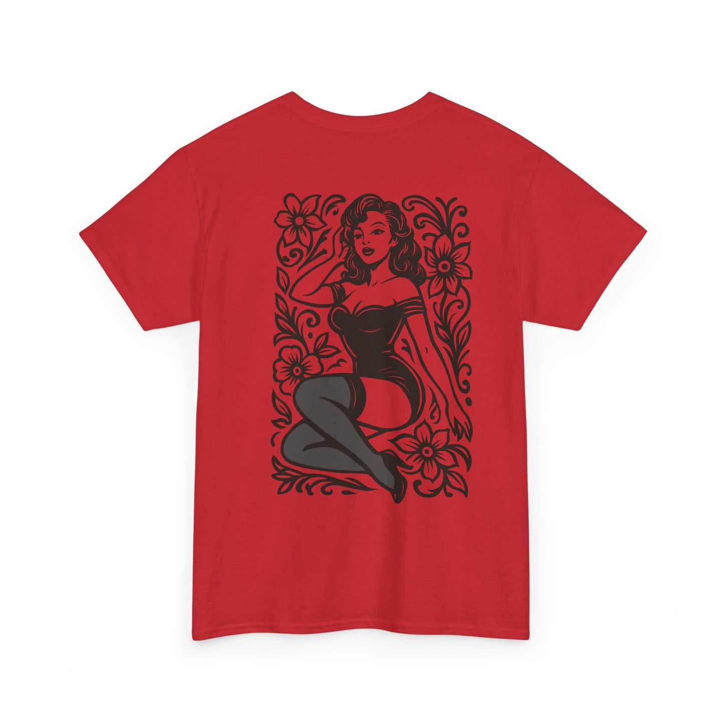 Pinup Girl Floral Graphic Tee — Retro Tattoo Style Cotton T-Shirt
