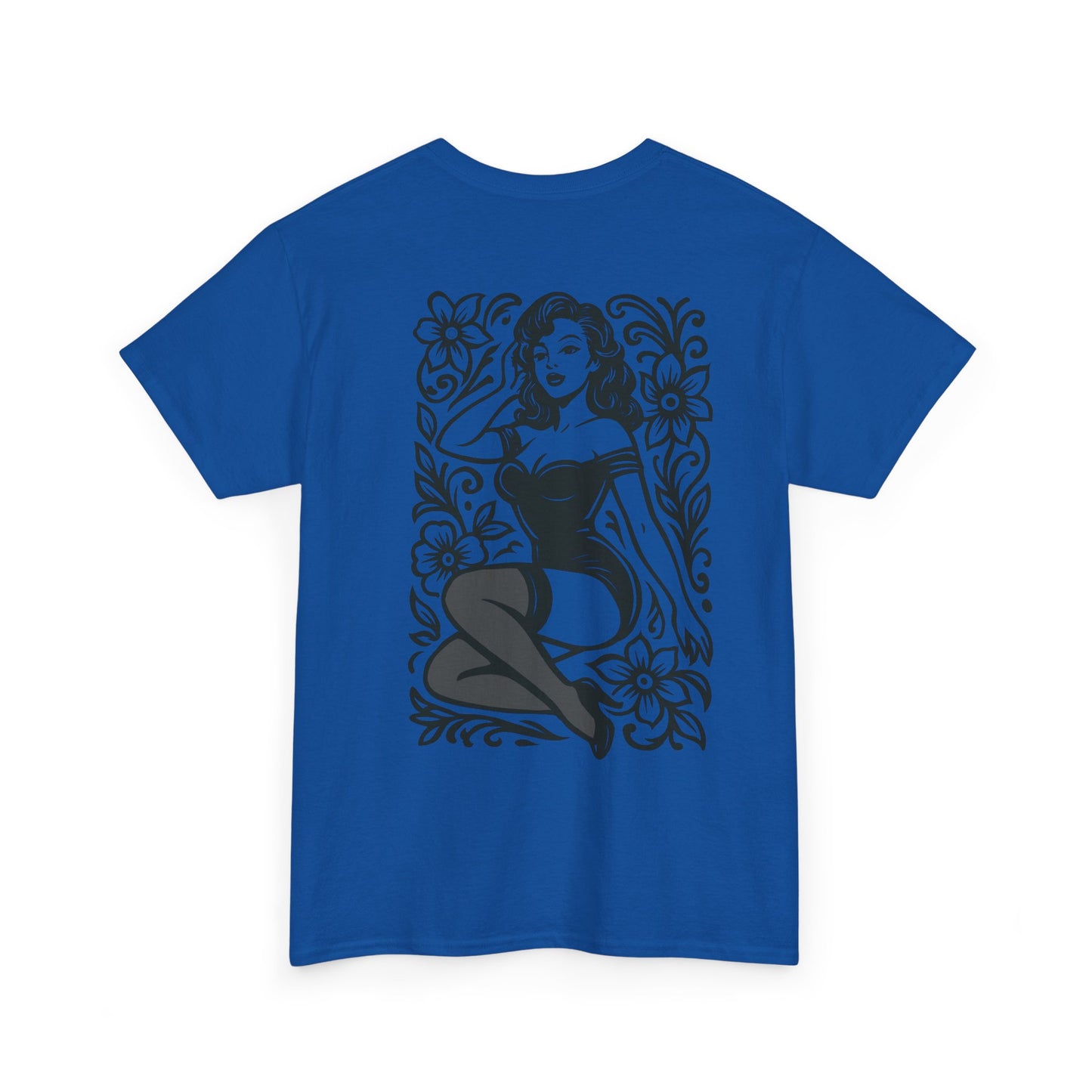 Pinup Girl Floral Graphic Tee — Retro Tattoo Style Cotton T-Shirt