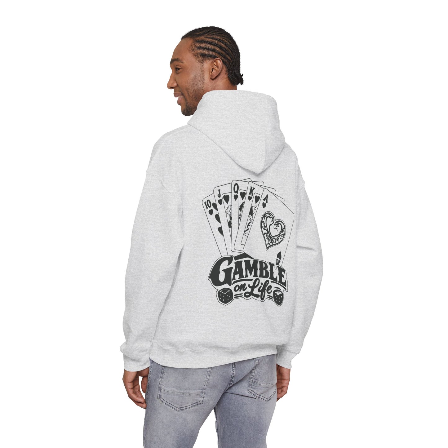 Gamble on Life Hoodie — Poker Cards & Dice Graphic Hooded Sweatshirt