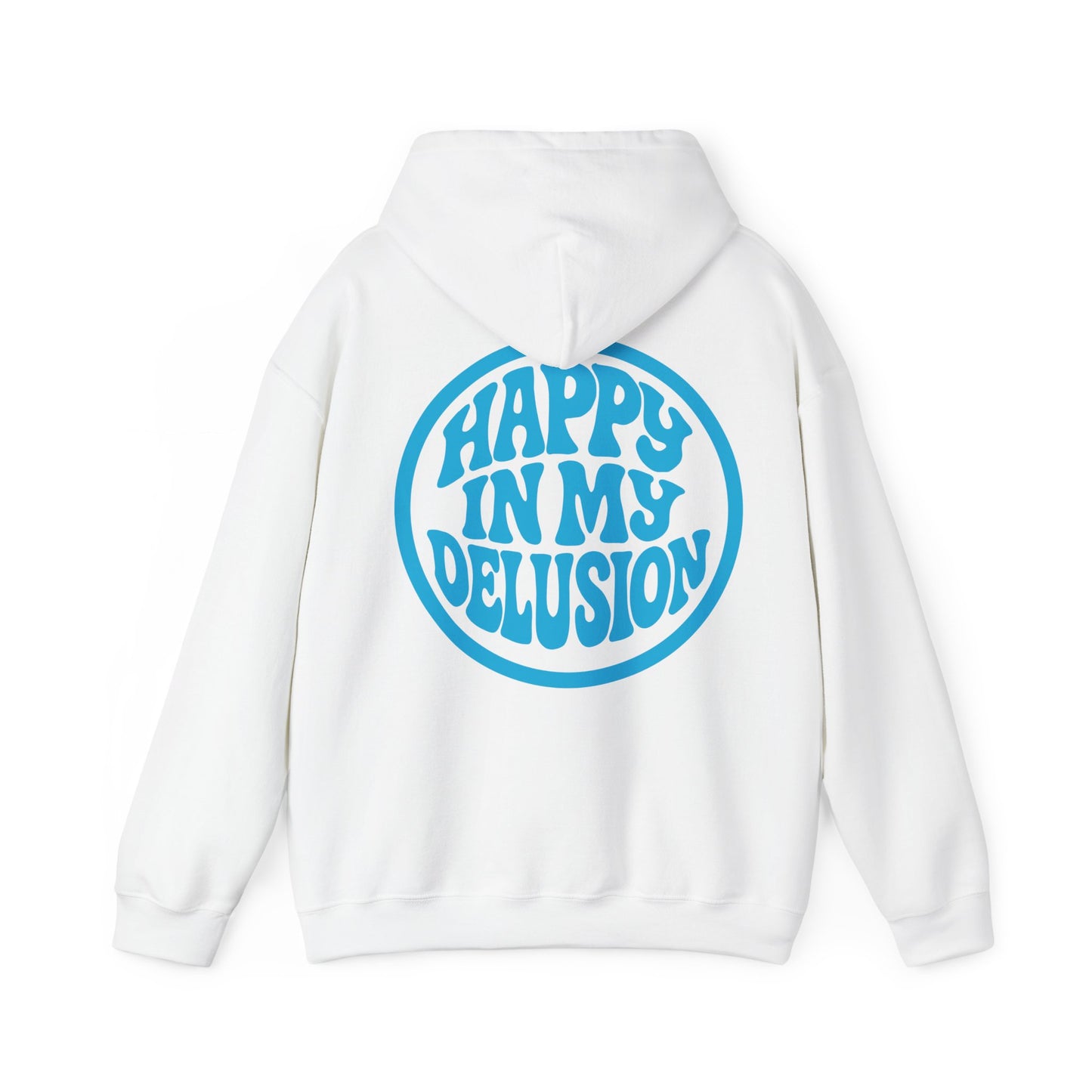 Happy In My Delusion Hoodie — Retro Blue Graphic Pullover
