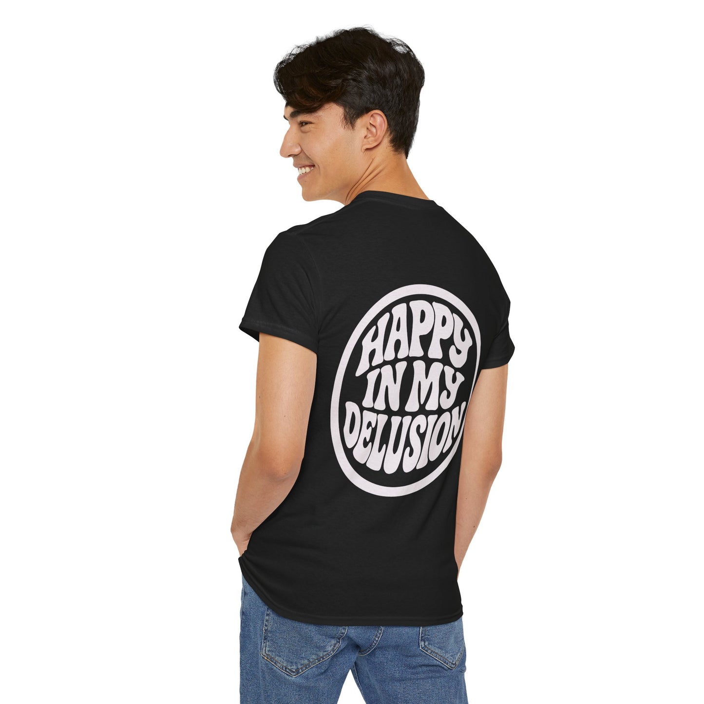 Happy In My Delusion Graphic Tee - Retro Circle Logo T-Shirt