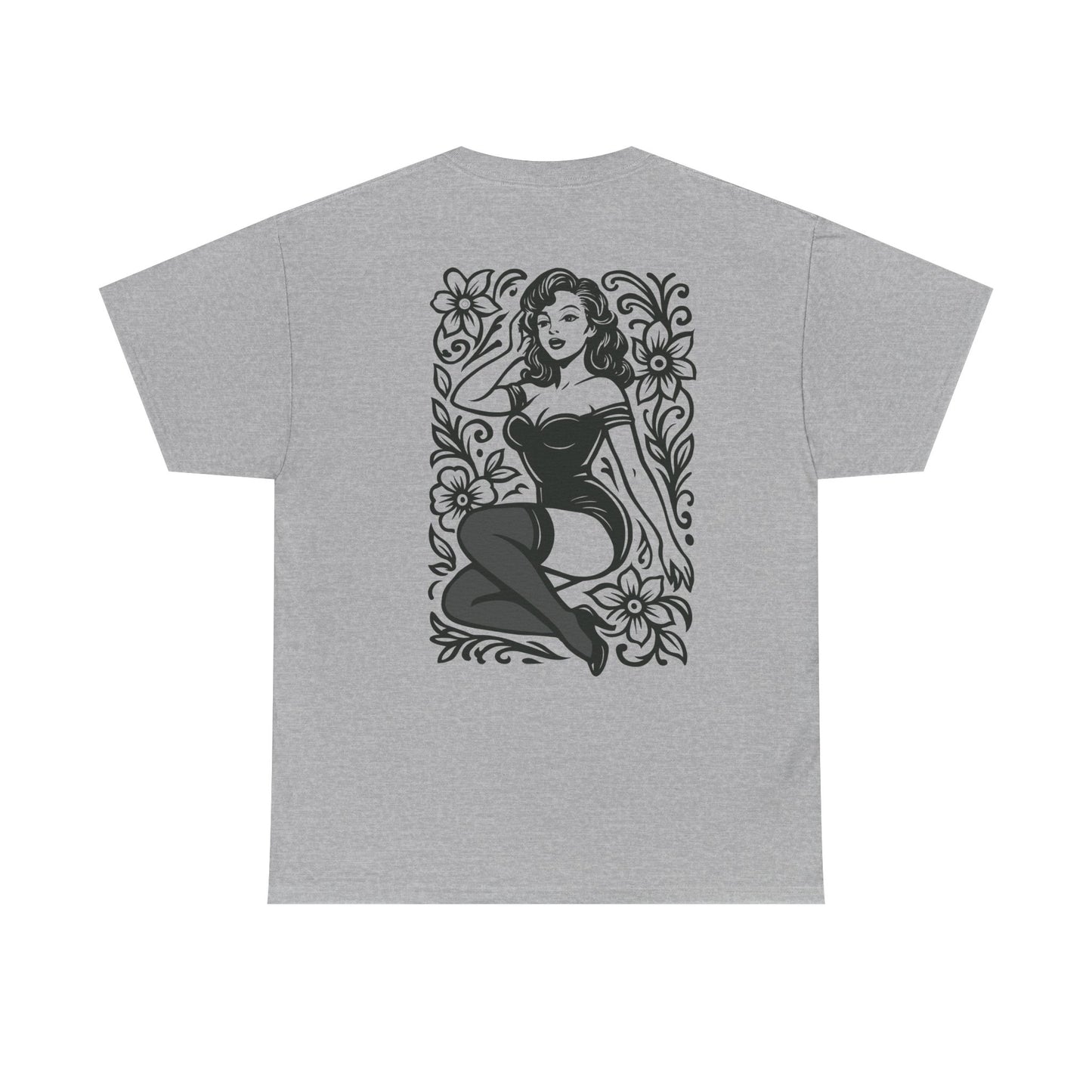 Pinup Girl Floral Graphic Tee — Retro Tattoo Style Cotton T-Shirt