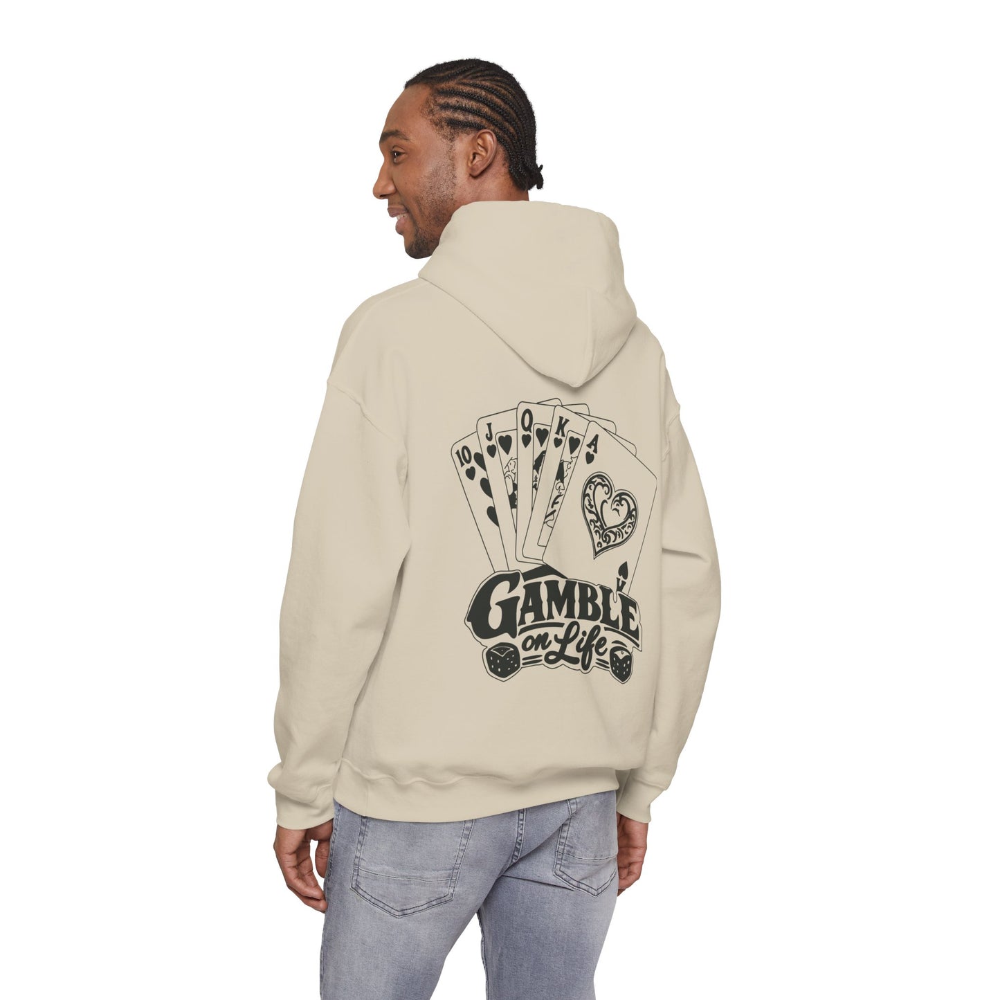 Gamble on Life Hoodie — Poker Cards & Dice Graphic Hooded Sweatshirt