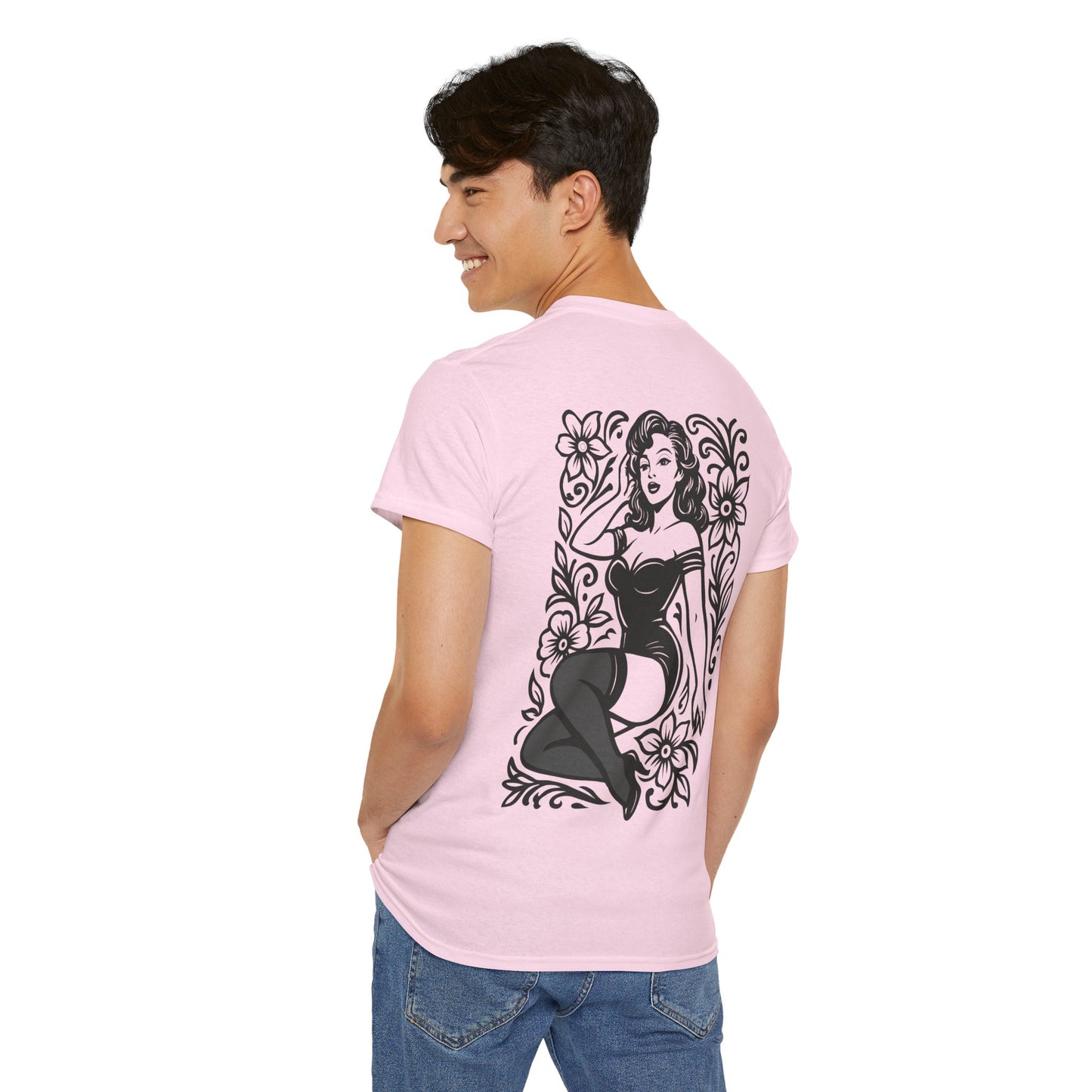 Pinup Girl Floral Graphic Tee — Retro Tattoo Style Cotton T-Shirt